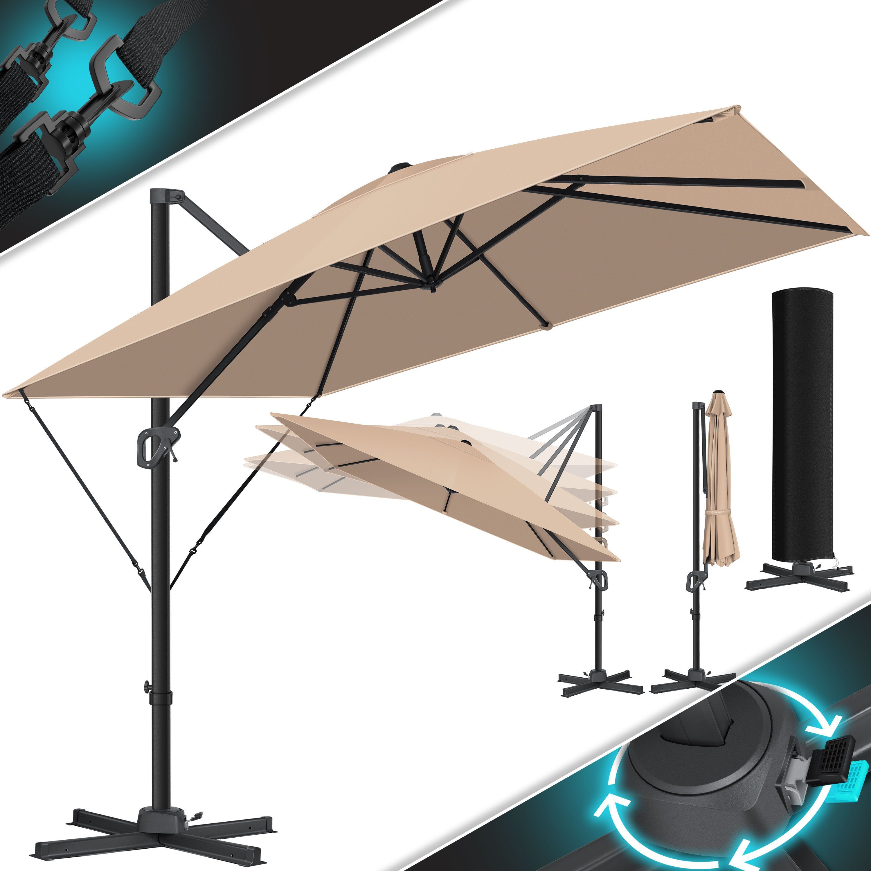 KESSER Ampelschirm, LED Solar Ampelschirm SUN XL 300 x 300 cm Inkl