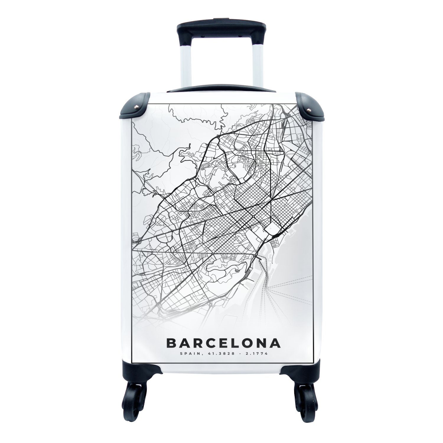 MuchoWow Handgepäckkoffer Barcelona - Stadtplan - Karte - Schwarz und weiß, 4 Rollen, Reisetasche mit rollen, Handgepäck für Ferien, Trolley, Reisekoffer