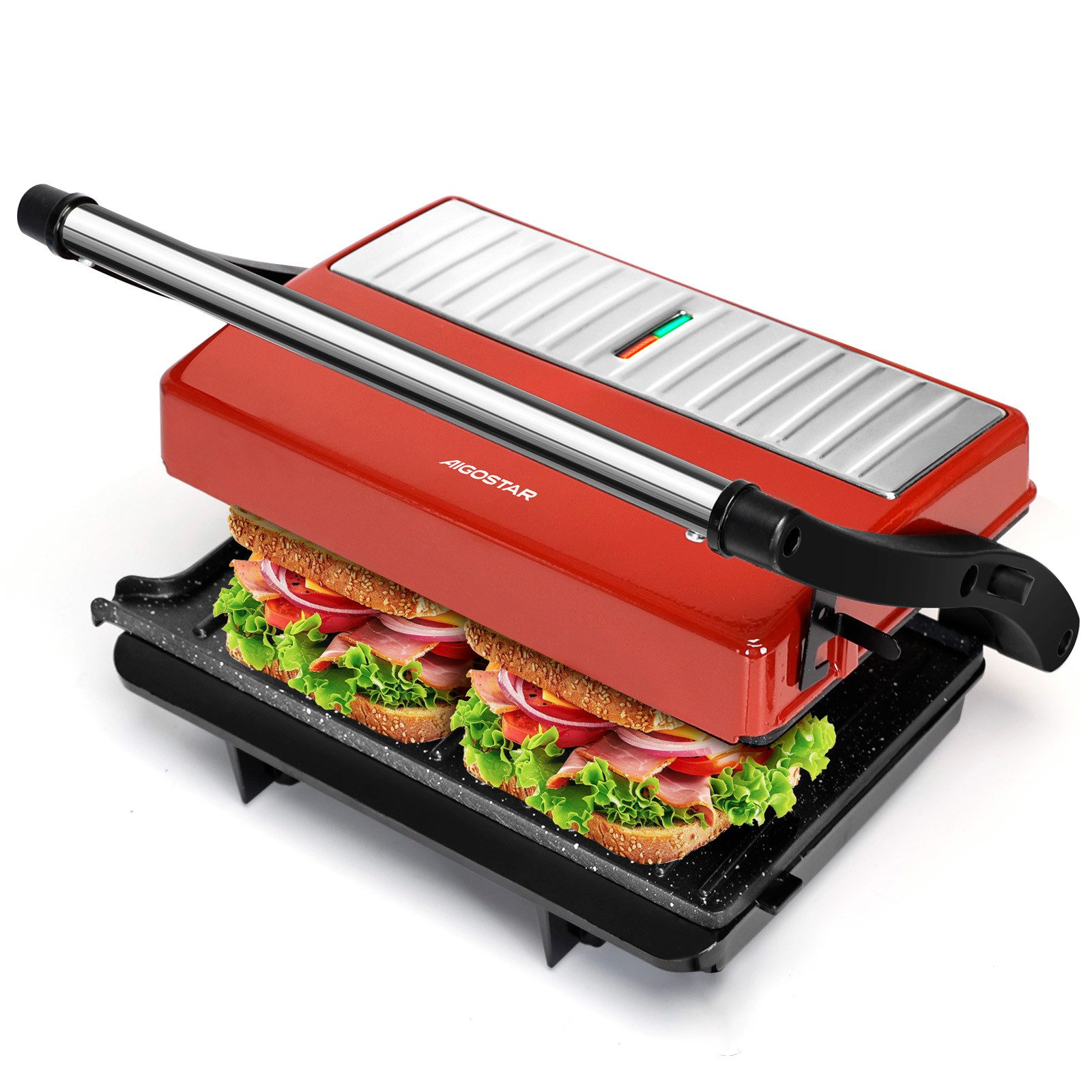Aigostar Paninigrill Kontaktgrill Antihaftbeschichteter, für fettfreies Grillen, BPA-frei, 750,00 W, Antihaftbeschichtete, BPA-frei, 180-Grad-Öffnung, Cool-Touch-Griff