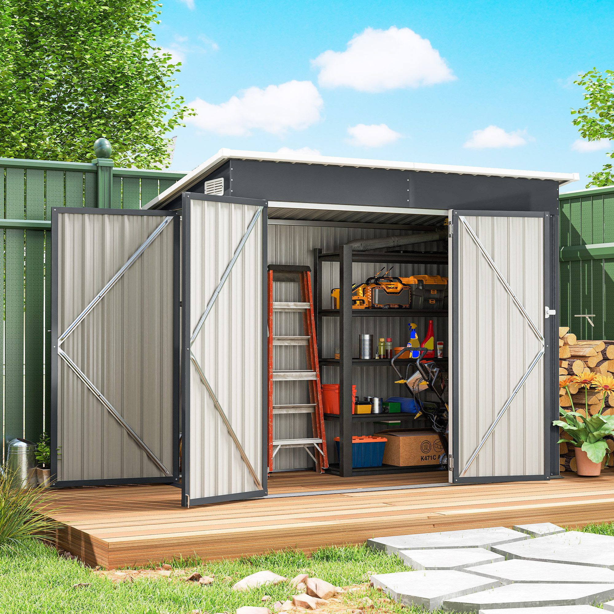 Outsunny Gerätehaus Metall 2,68 m², abschließbar Geräteschuppen mit 3 Türen, Lüftung, BxT: 234x132 cm, (Geräteschuppen, 1 St., Outdoor Schuppen), für Hinterhof Garten