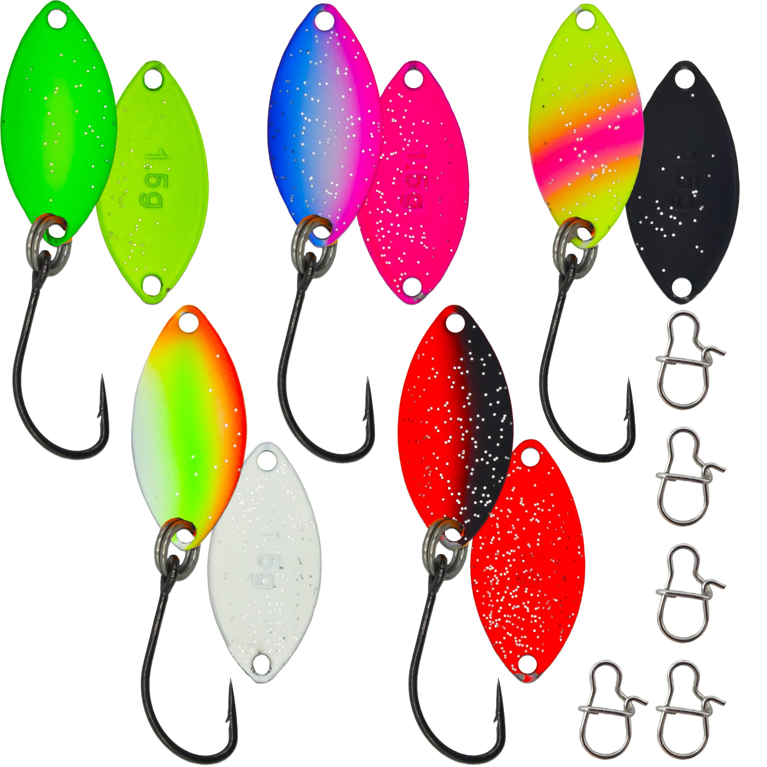 Paradox Fishing Kunstköder Forellen Spoon 5 Spoons 1,5g mit Snaps Set, UV-Aktiv 2-Farbig