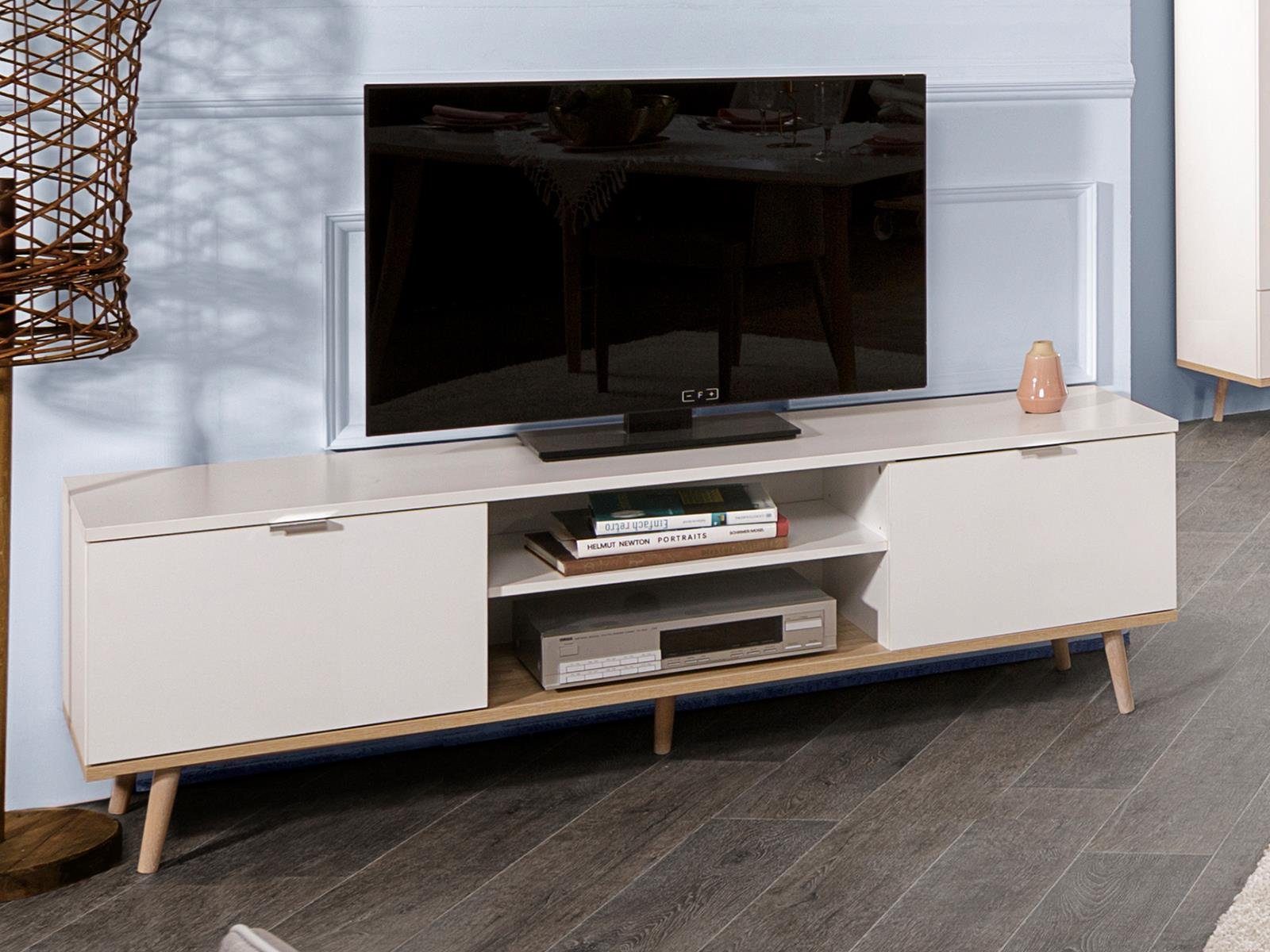 möbelando TV-Board Dalarna, Modernes TV-Lowboard aus Spanplatte in Weiß, Füße aus Massivholz in Sonoma-Eiche mit 2 Holztüren und 2 offenen Fächern. Breite 160 cm, Höhe 50 cm, Tiefe 40 cm