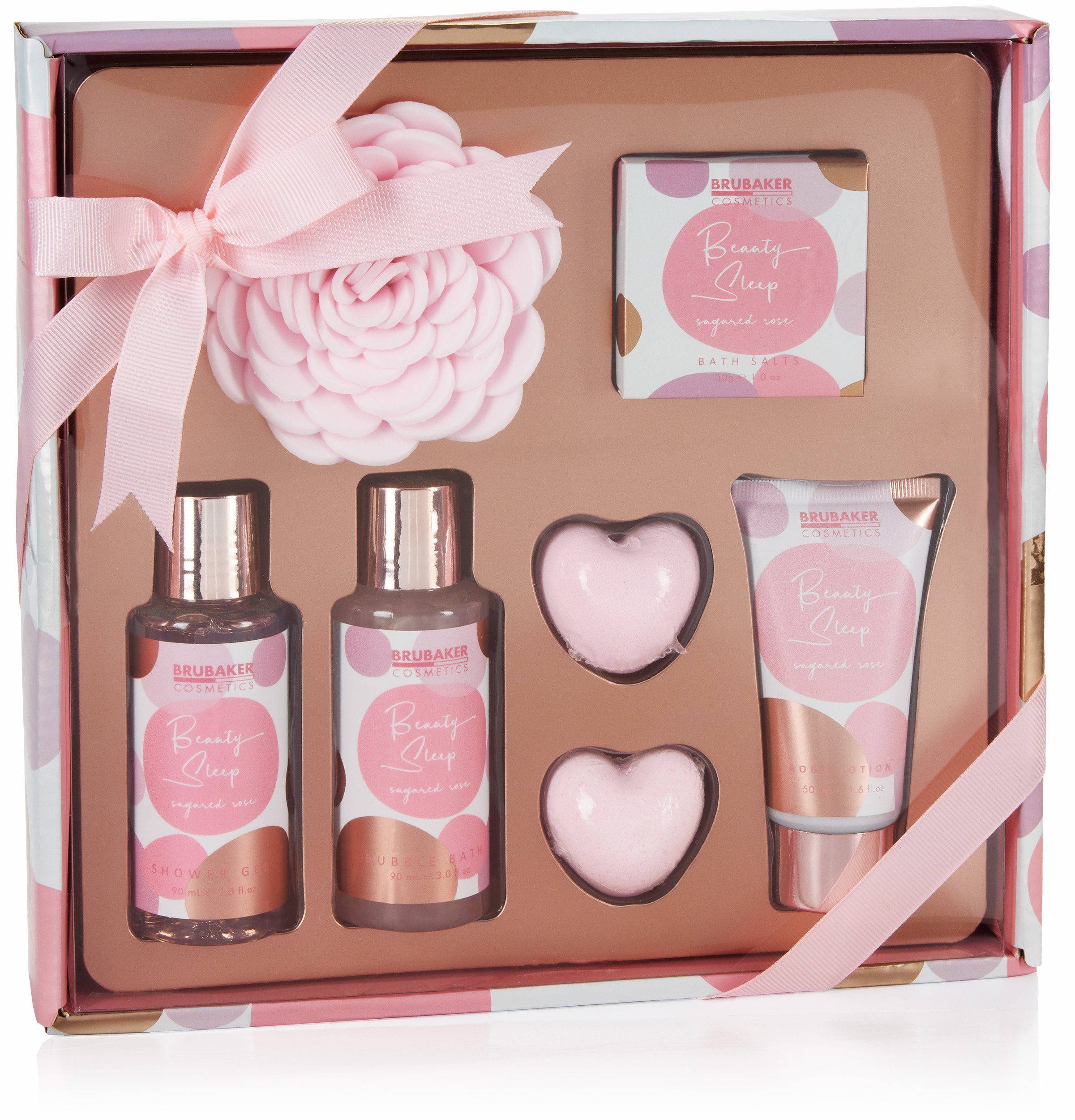 BRUBAKER Pflege-Geschenkset Wellness Pflegeset für Frauen mit Rosen Duft, Rosa Beauty Set, 7-tlg., Geschenkset Sugared Rose, Badeset, Geschenk Mama, Muttertagsgeschenk