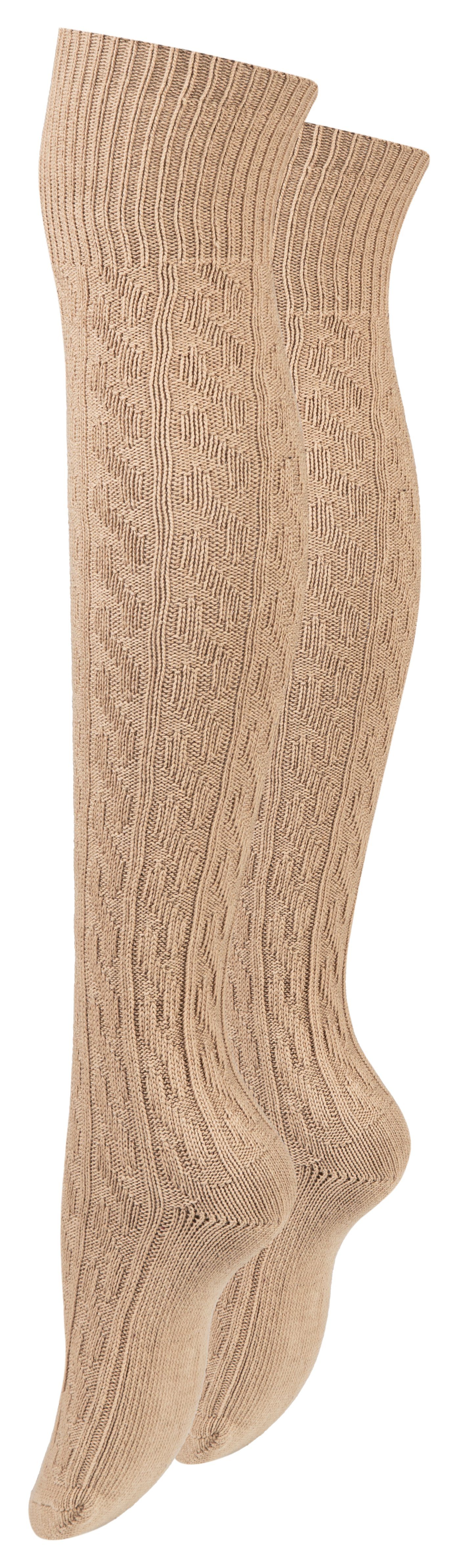 Paolo Renzo Overknees mit Zopfmuster aus hochwertiger Baumwolle (1-Paar, breiter Pique-Komfortbund) Atmungsaktive Damen Overknee Strümpfe - Uni - Einheitsgröße Beige