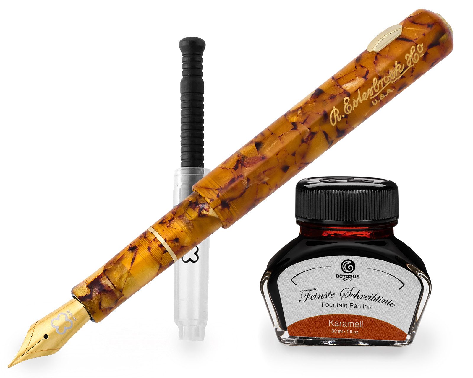 OCTOPUS Füllfederhalter Esterbrook Niblet Honeycomb, Gold Füllhalter mit 30ml Tinte, (Füller mit Schreibtinte, 1-tlg., Karamell)