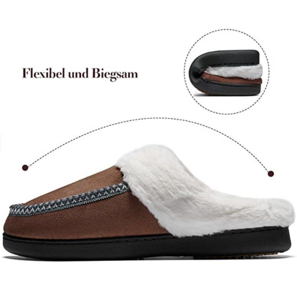 & gefüttert, Fell-Imitat Winter Oslo Fell Braun & Joy Home Pantoletten Latschen weich Pantoffeln Fußbett (mit rutschfest) Slipper warm Hausschuh Memory-Foam mit bequem, Schlappen