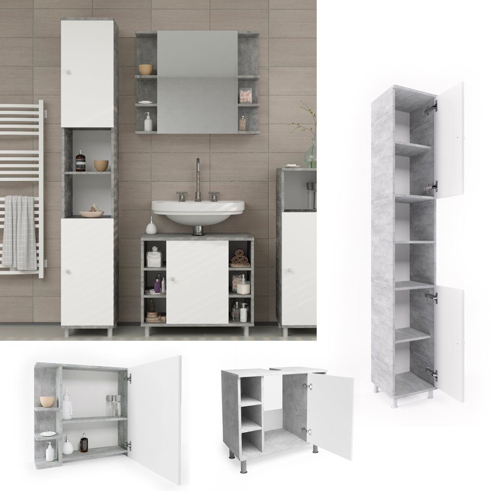 Vicco Badmöbel-Set Fynn, Beton/Weiß, 3 Teile, günstig online kaufen