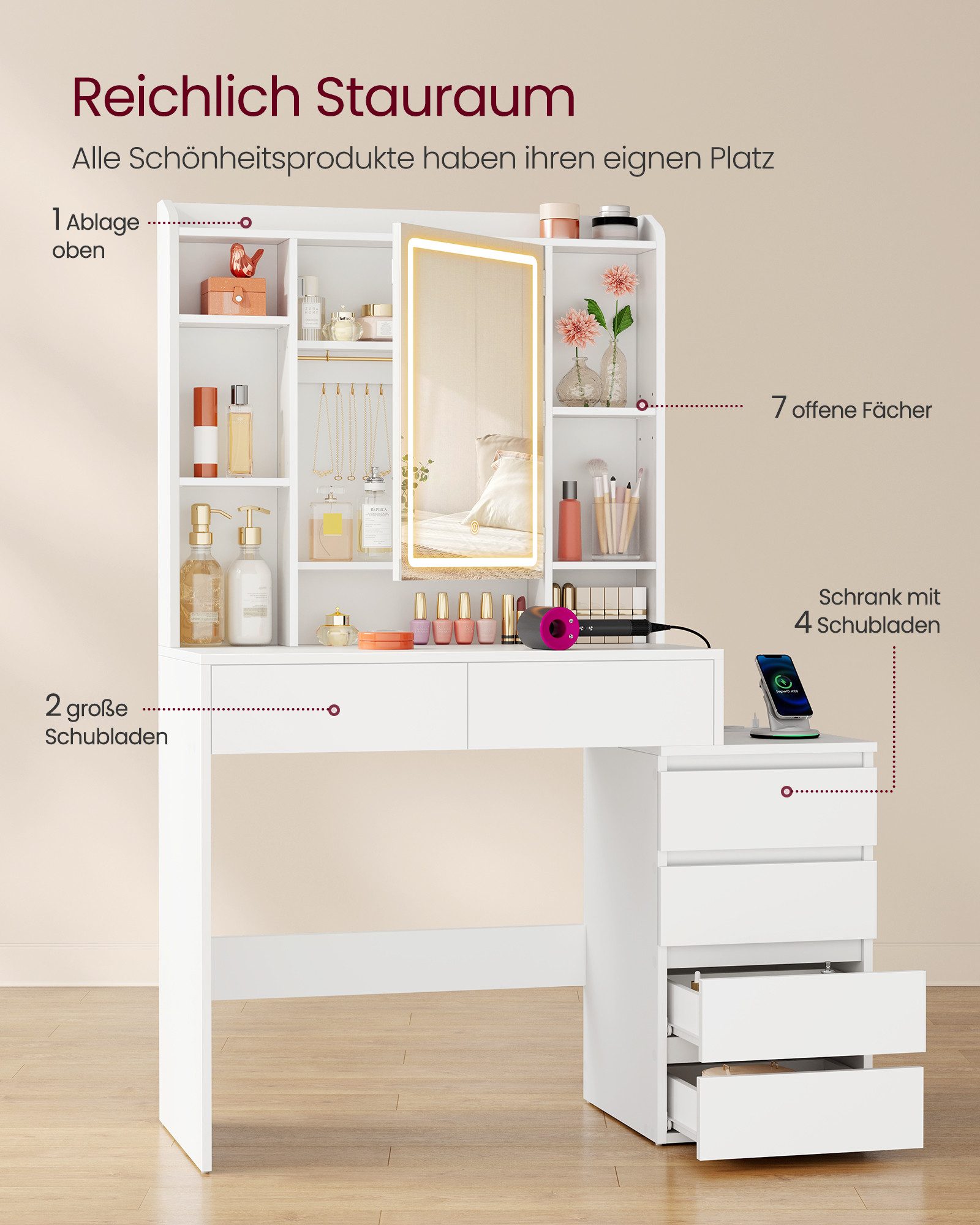 VASAGLE Schminktisch Frisiertisch mit Spiegel, Kosmetiktisch mit Schubladen (1 Tisch), 40 x 105 x 145 cm, mit LED-Beleuchtung, mit verstellbaren Ablagen – Bild 3 von 5