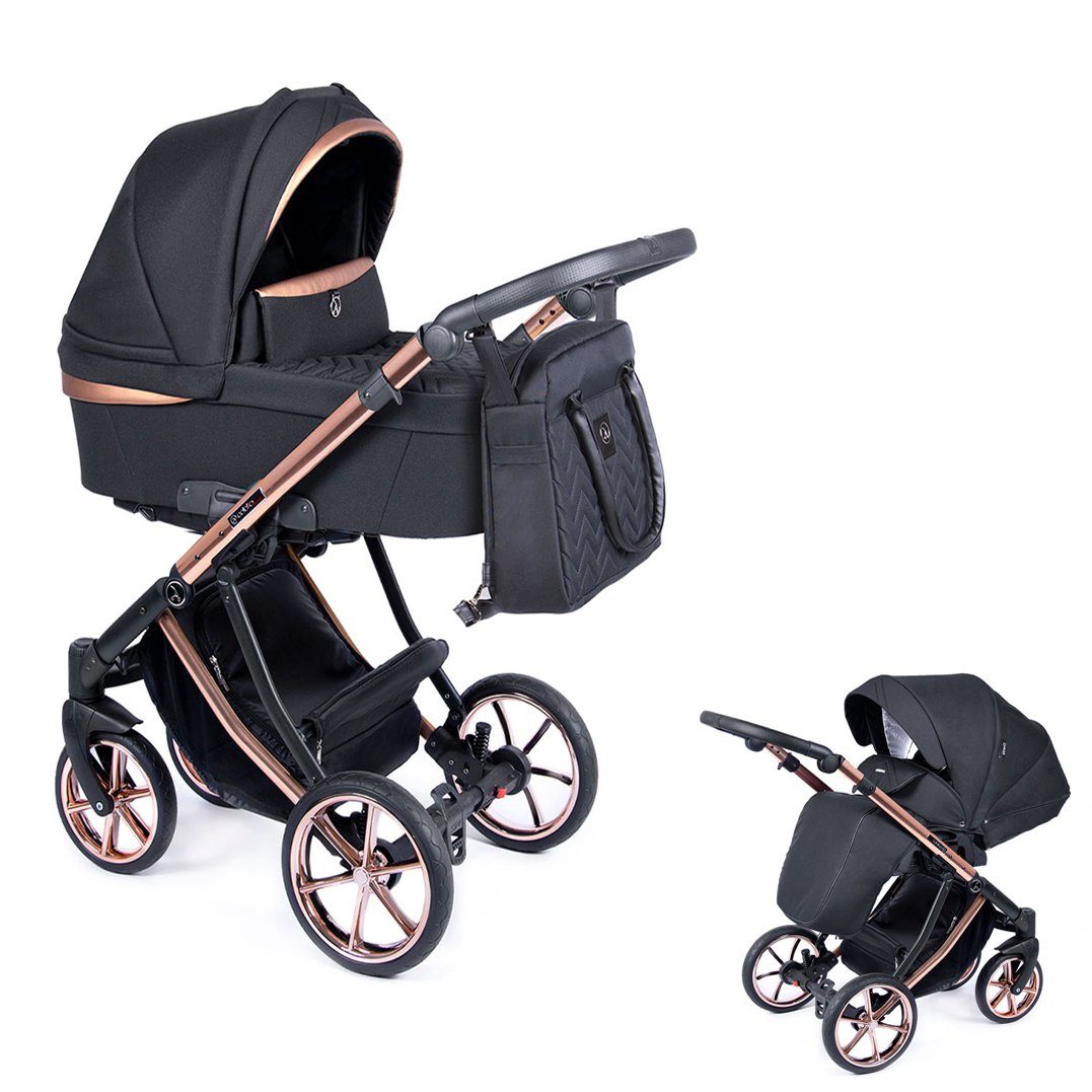 babies-on-wheels Kombi-Kinderwagen 2 in 1 Kinderwagen-Set Dante - 11 Teile - in 16 Farben Schwarz = Gestell kupfer