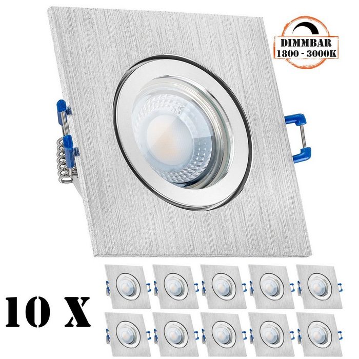 LEDANDO LED Einbaustrahler 10er IP44 LED Einbaustrahler Set extra flach in aluminium gebürstet mit 5W LED von LEDANDO - dimmbare Farbtemperatur 1800-3000K Warmweiß - 60° Abstrahlwinkel - 50W Ersatz - dimmbar - eckig - Badezimmer