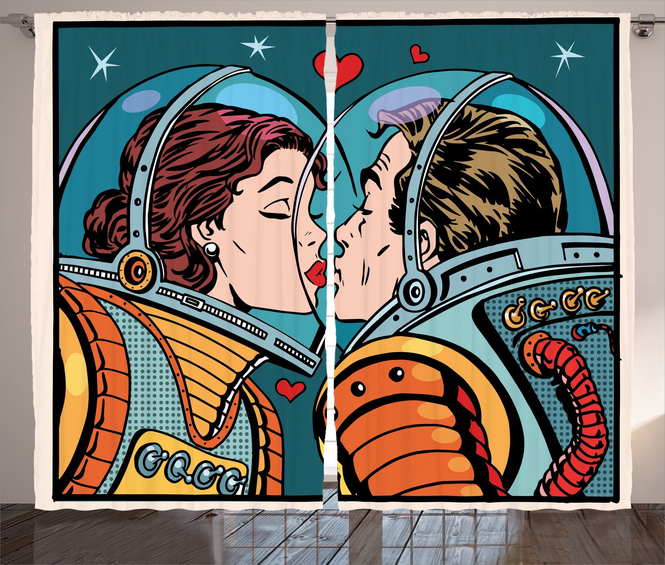 Gardine Schlafzimmer mit und Space Schlaufen Vorhang Kuss Haken, Abakuhaus, Cartoon Liebe in Kräuselband