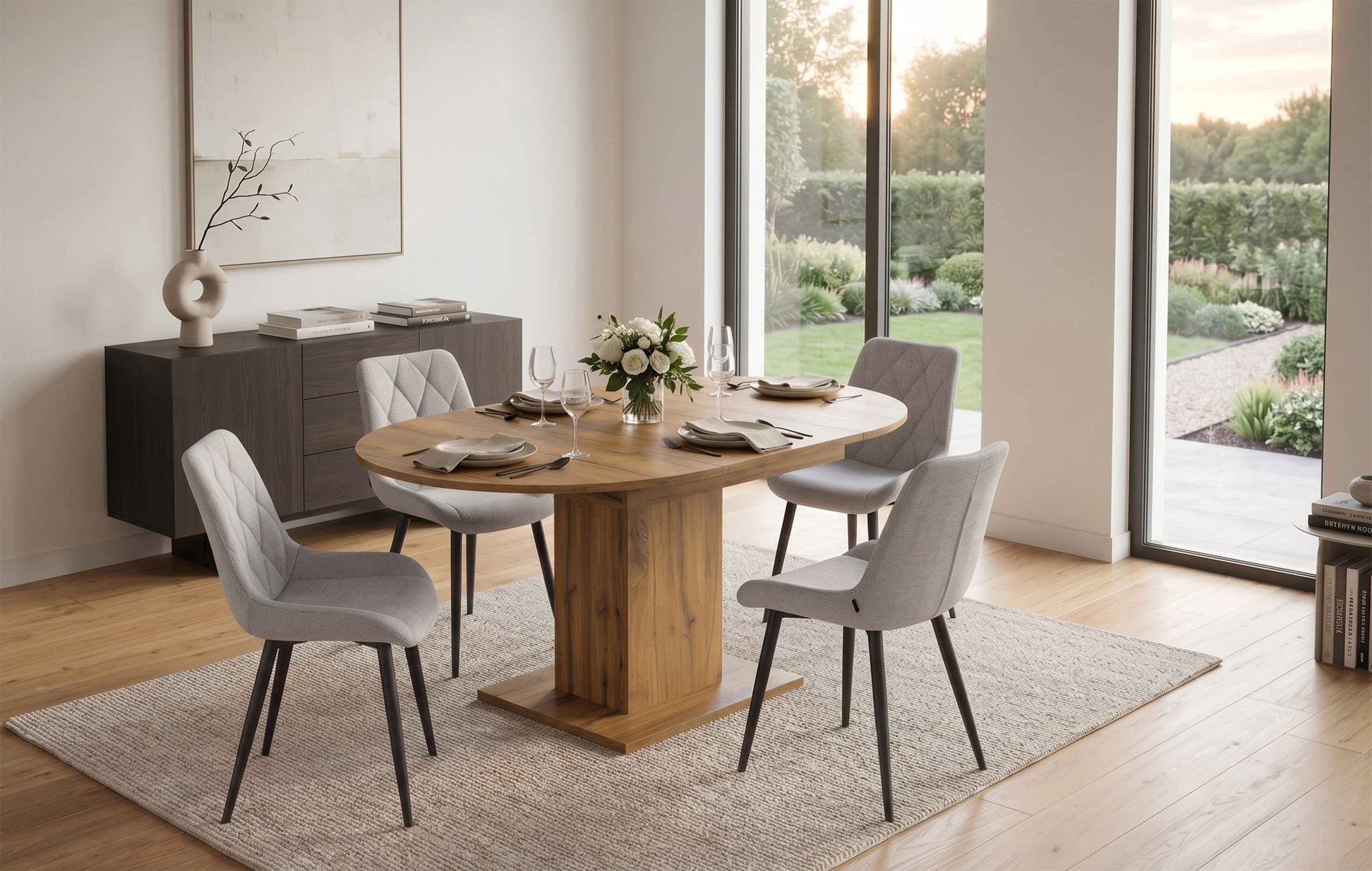 B&D home Essgruppe Essgruppe Wim & Tania, (Set, 5-tlg., 1 Tisch / 4 Stühle), Runder Esstisch ausziehbar bis 140cm, Stühle in Webstoff