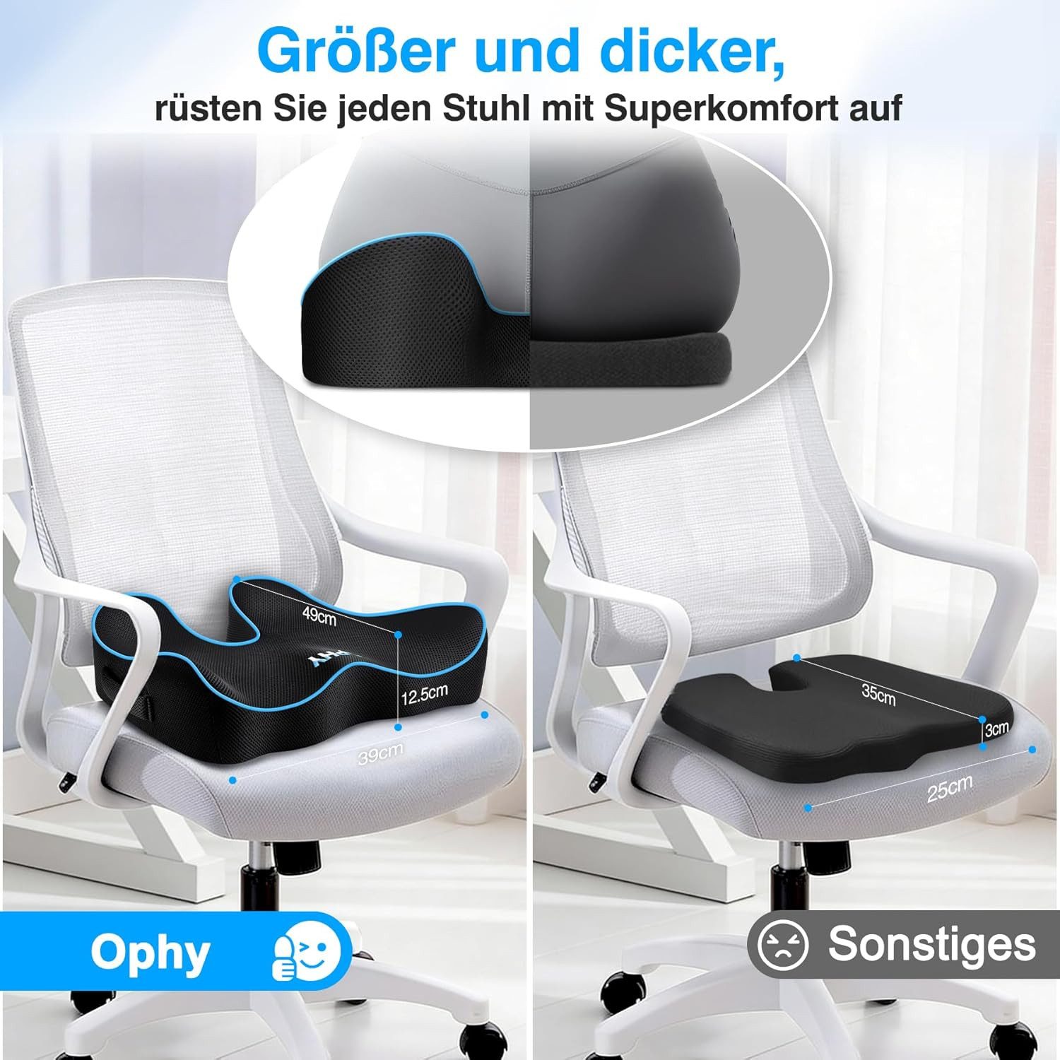 Ophy Sitzkissen U-förmiges Memory-Schaum Sitzkissen mit waschbarem Bezug, rutschfest, weich – für Bürostuhl, Gaming-Stuhl & Autositz – Bild 5 von 5