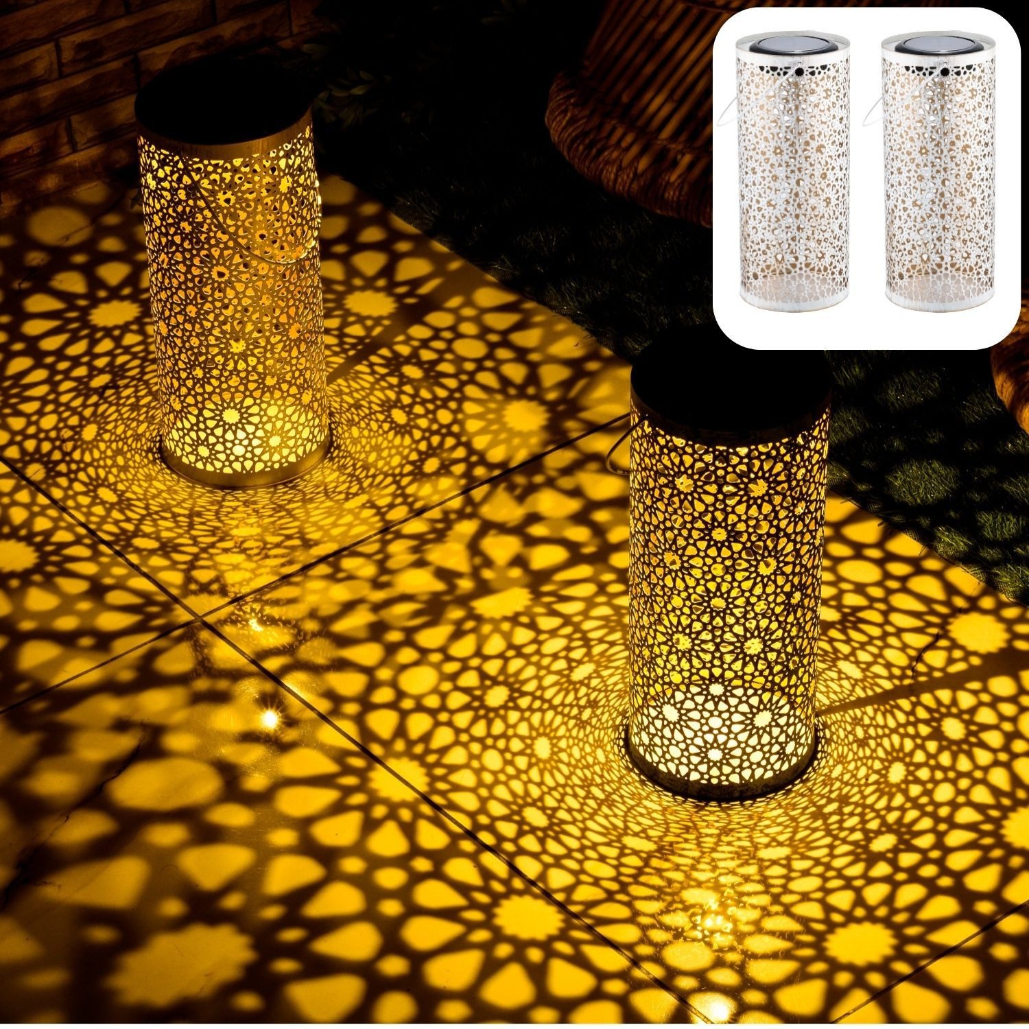 Marrakesch Orient & Mediterran Interior LED Solarleuchte 2er Set Orientalische Solarlaterne Noum edel aus Metall in Weiß 30 cm, Handarbeit