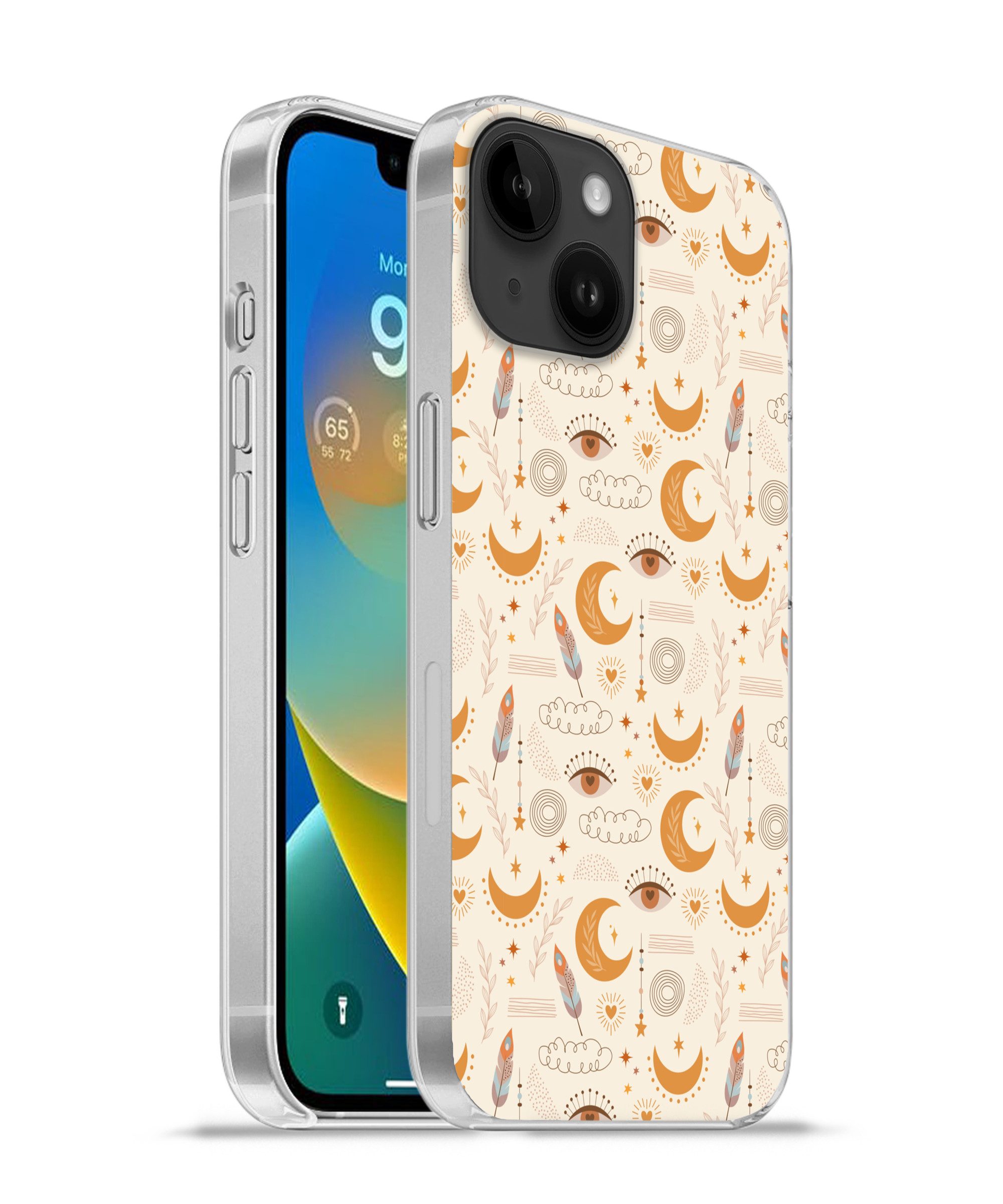 MuchoWow Handyhülle für Apple iPhone 14 Boho - Druck - Augen - Mond - Federn - Beige, Smartphone-Bumper, Print, Handy Schutzhülle Dünn
