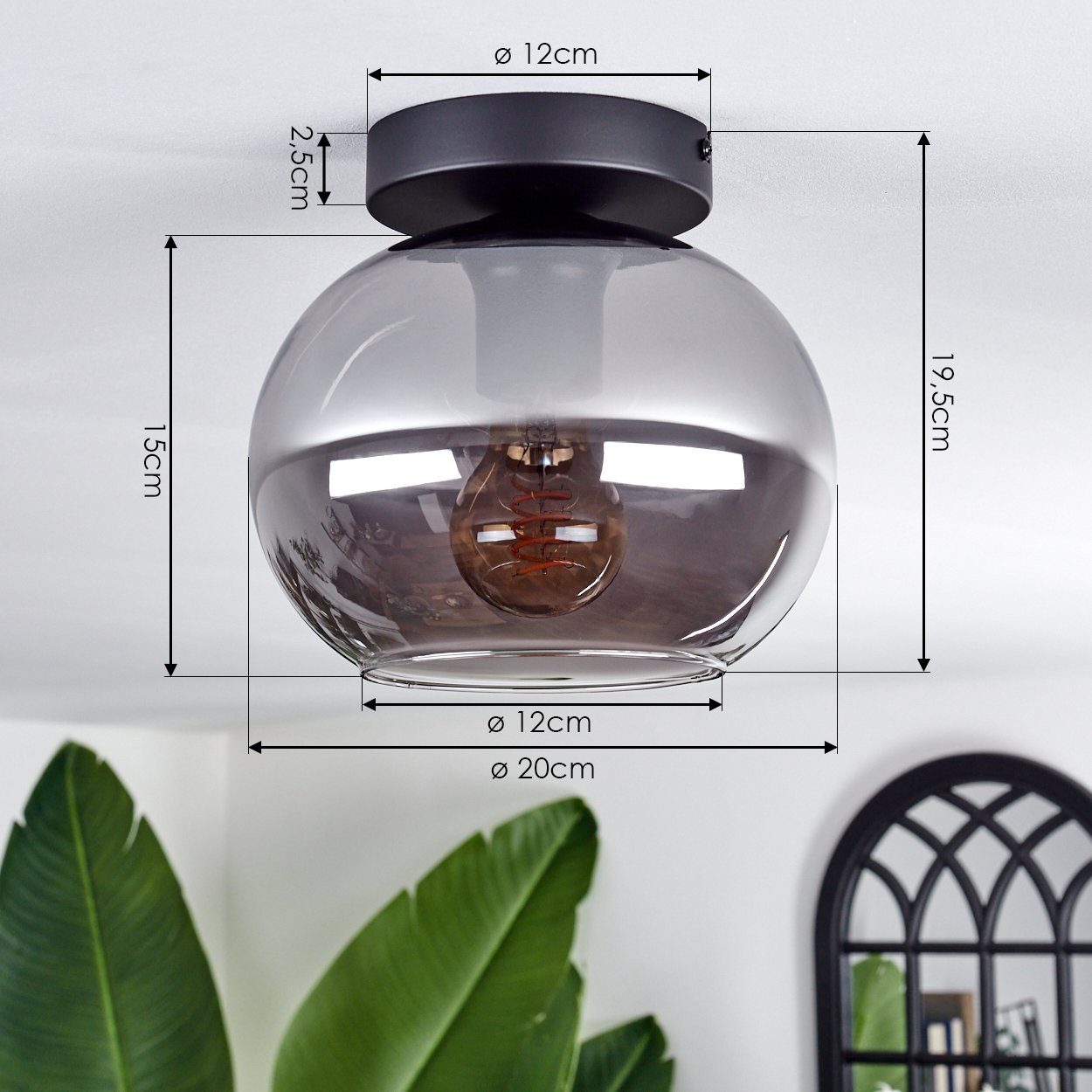 in Retro-Design Deckenlampe aus Glas, E27, ohne Leuchtmittel Leuchte hofstein x Leuchtmittel, aus Schwarz/Rauchfarben, im ohne Metall/Glas Deckenleuchte 1