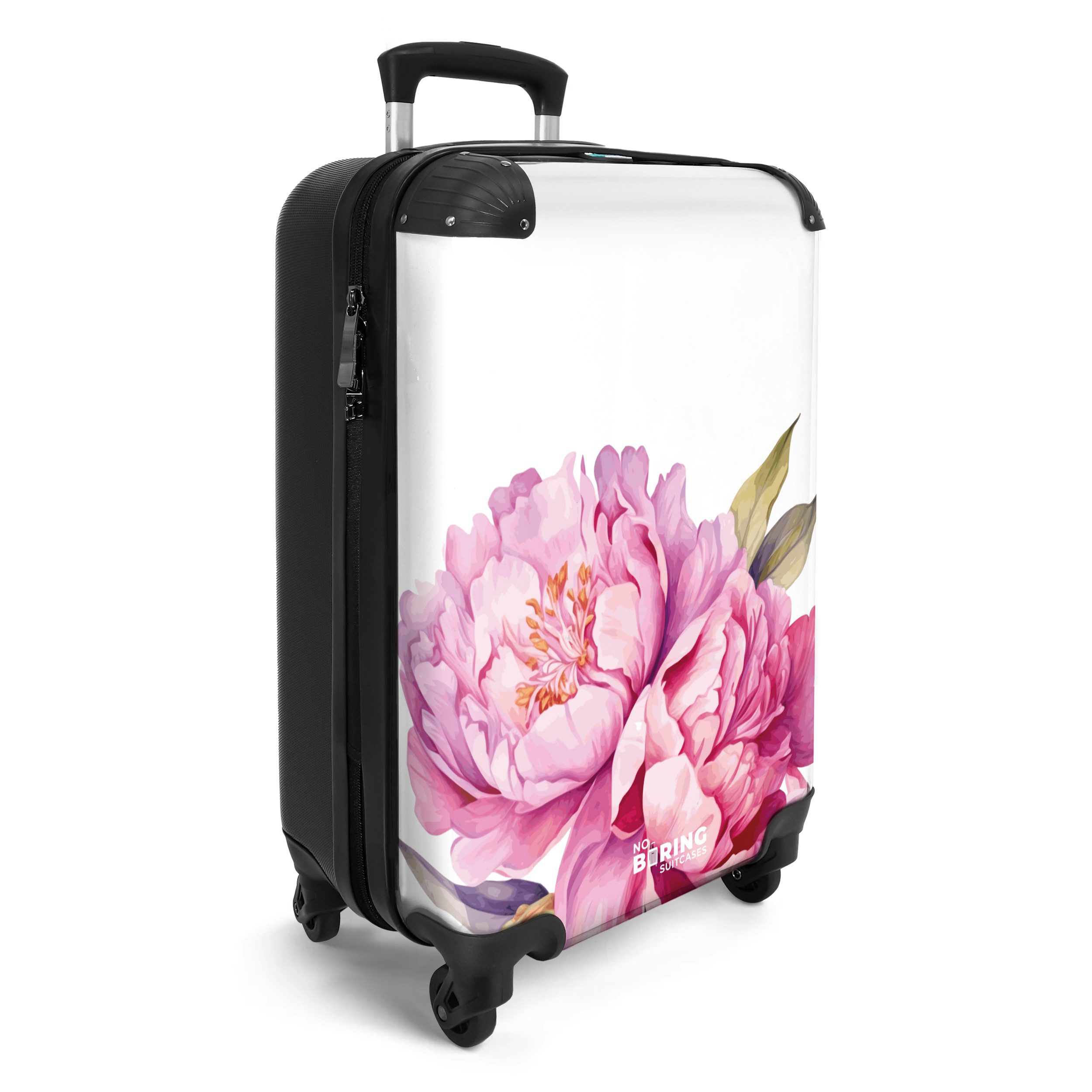 NoBoringSuitcases.com© Hartschalen-Trolley Weiß mit rosa Pfingstrosen günstig online kaufen