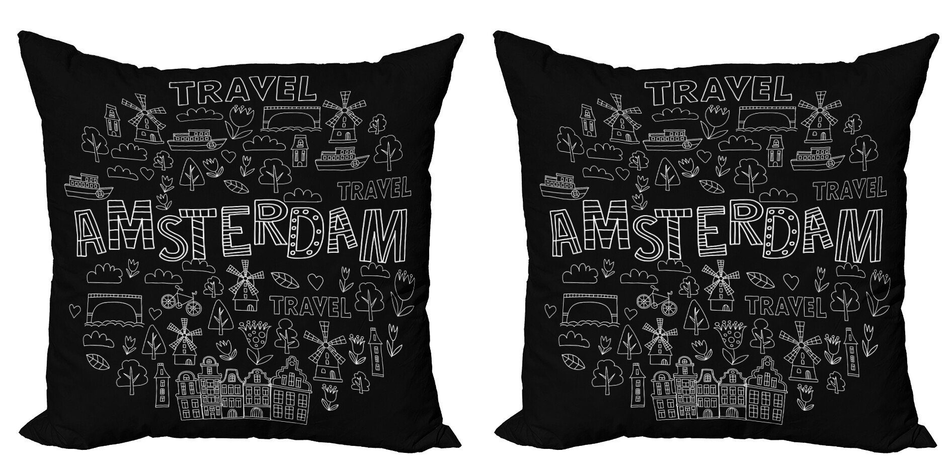 Stück), Modern (2 Reisen Zeichnungen Doodle Amsterdam Abakuhaus Digitaldruck, Accent Doppelseitiger Kissenbezüge