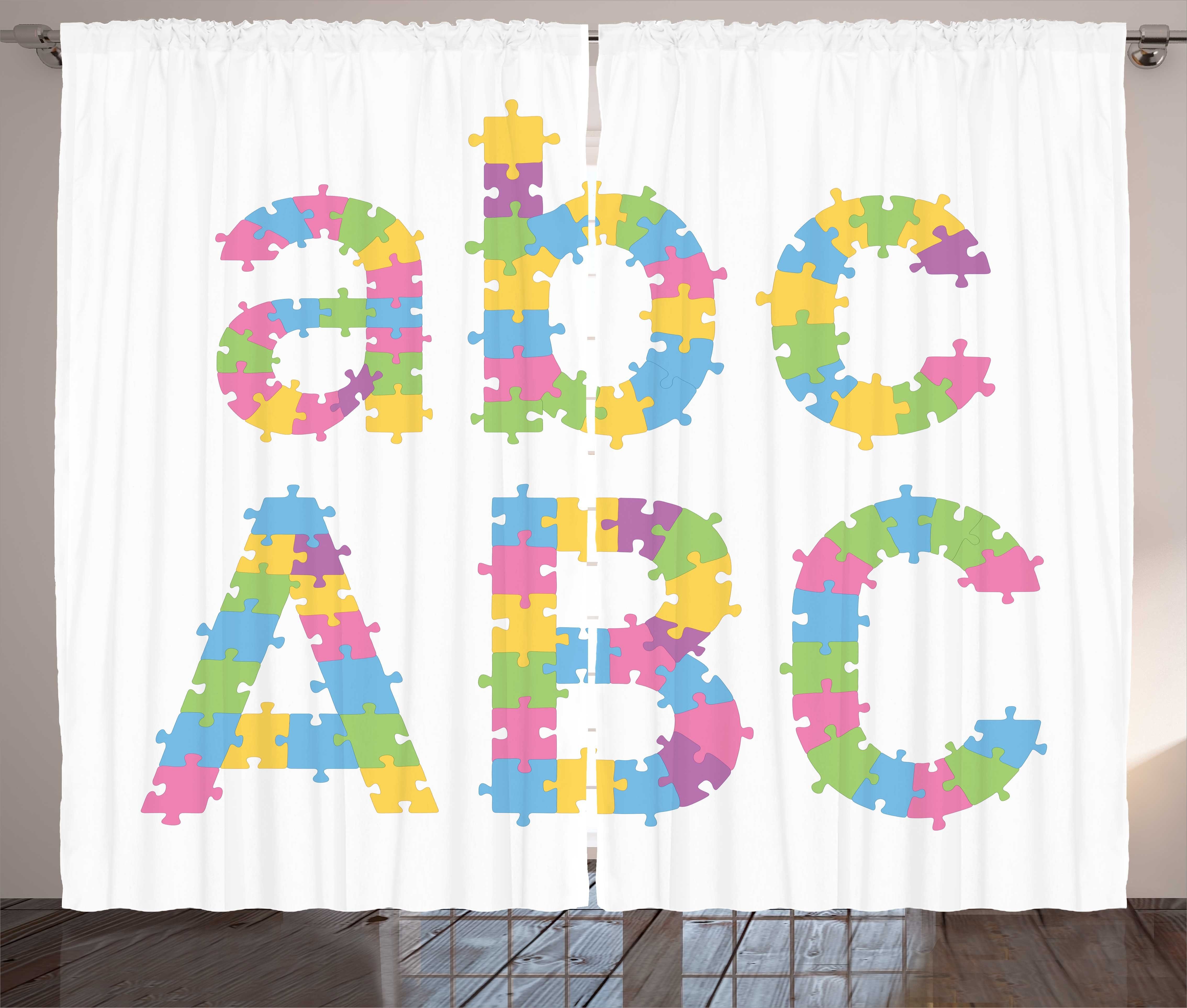 Gardine Schlafzimmer Kräuselband Vorhang mit Schlaufen und Haken, Abakuhaus, ABC Puzzle Bunte Jigsaw Letters