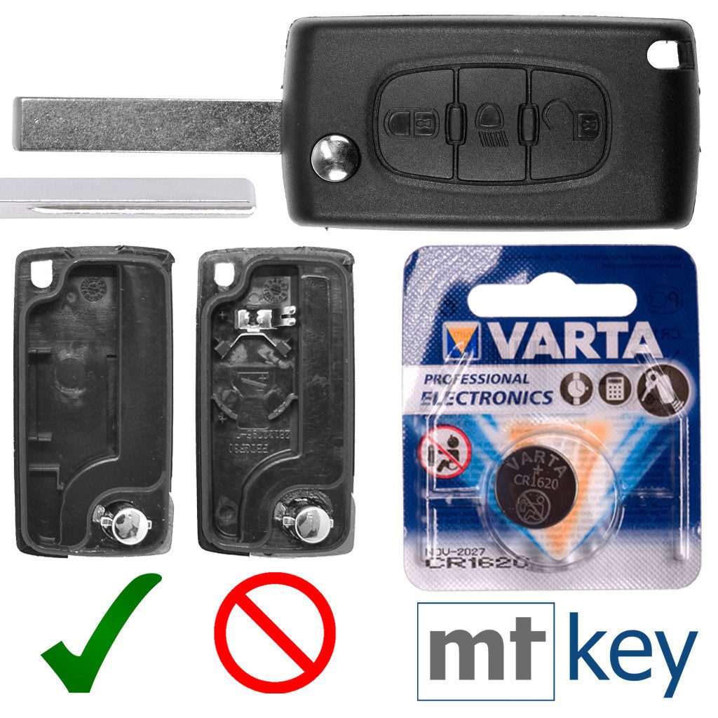mt-key Auto Klapp Schlüssel Gehäuse 3 Tasten + HU83 Rohling + VARTA CR1620 Knopfzelle, CR1620 (3 V), für Citroen C4 I Grand Picasso C5 III Break Funk Fernbedienung