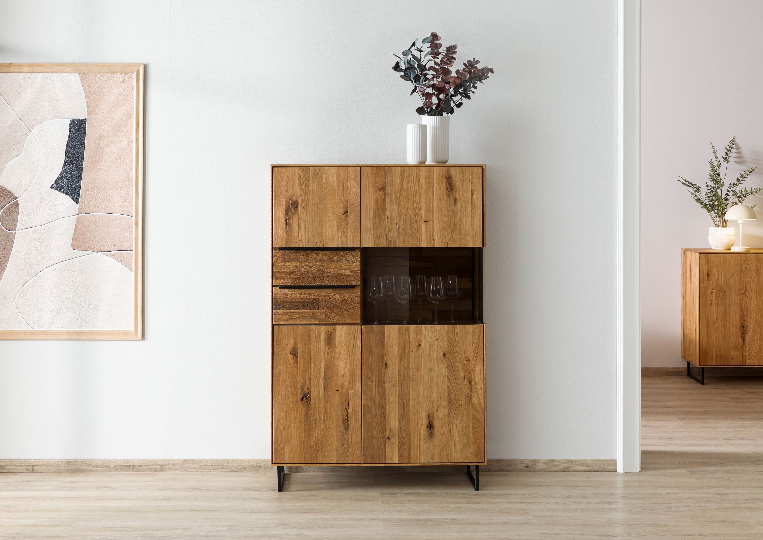 Massivmoebel24 Highboard WIEN (Massivholz), Wildeiche 94x43x144 natur geölt WIEN #225