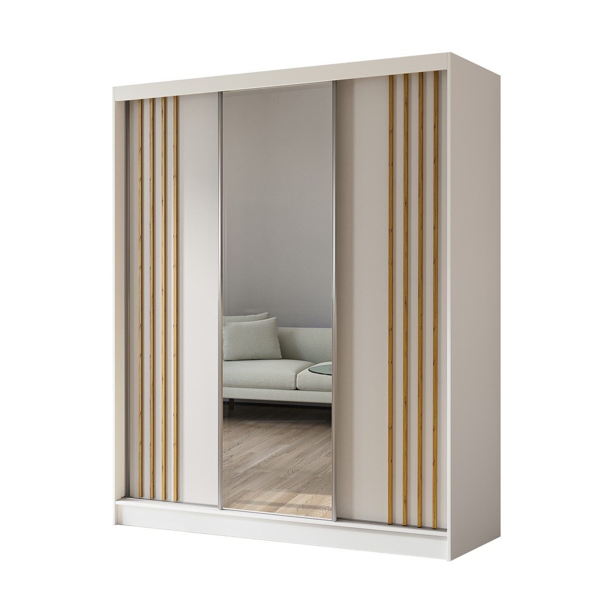 Compleo Kleiderschrank mit Spiegel und Lamellen, Schwebetürenschrank,geräumige Garderobe