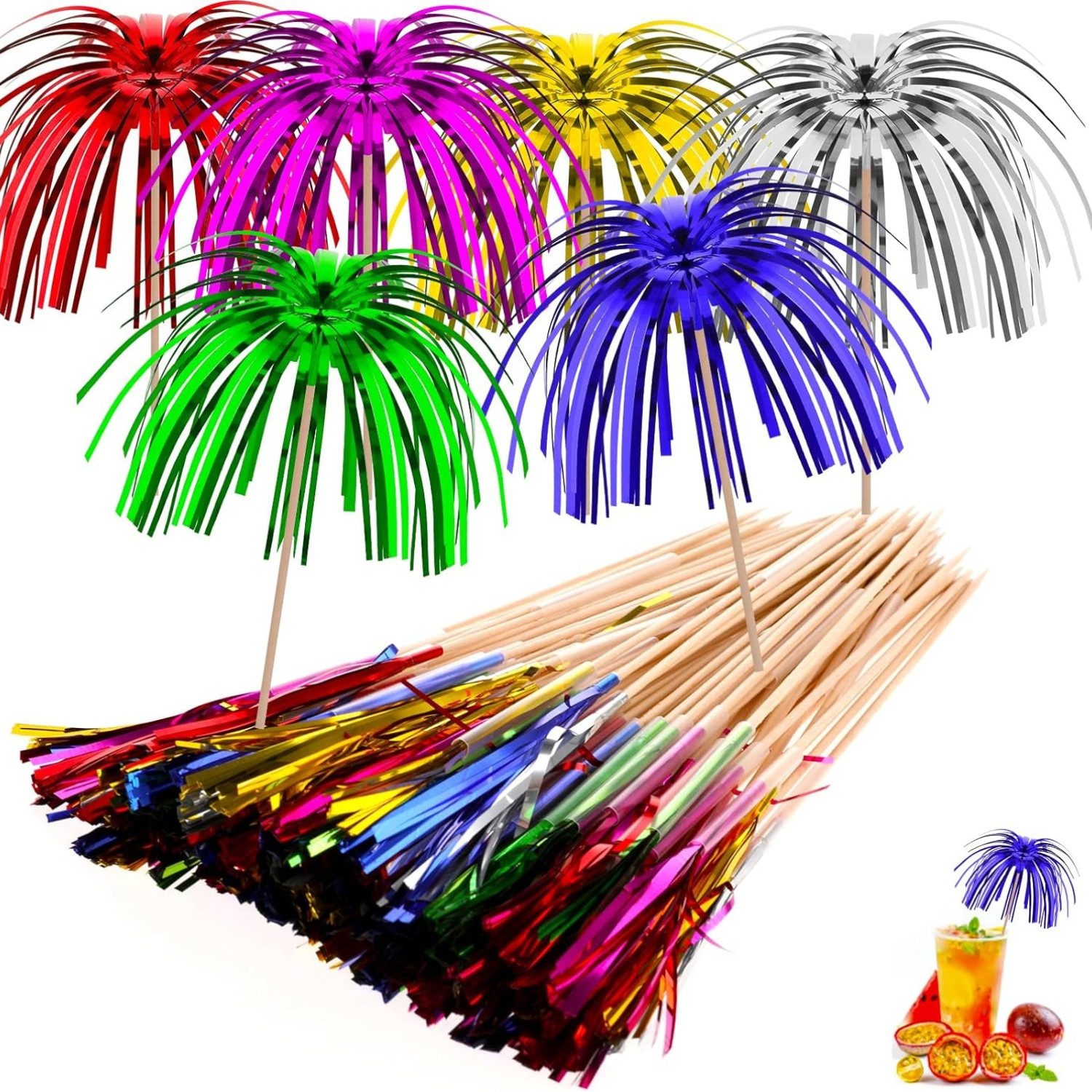 Cocktail-Set 50 Stück Cocktailspieße Cocktailschirmchen Bunte Deko Drink