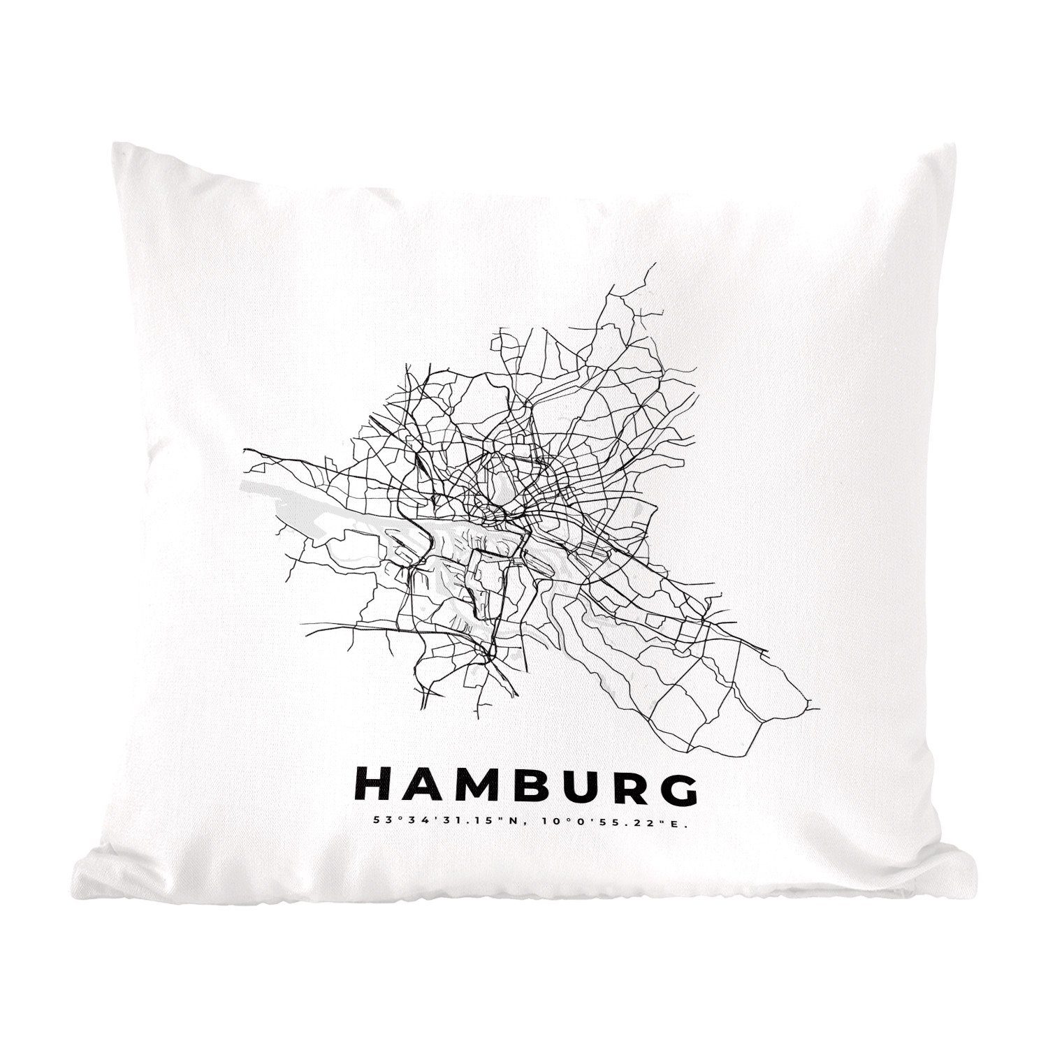 MuchoWow Dekokissen Stadtplan - Schwarz-weiß - Karte - Hamburg - Deutschland, Zierkissen mit Füllung für Wohzimmer, Schlafzimmer, Deko, Sofakissen