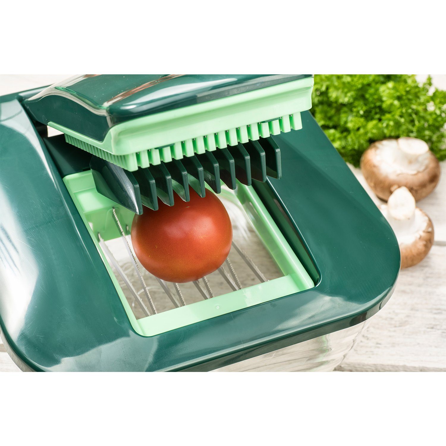 Genius Gemüseschneider Nicer Dicer Chef Messereinsätze 6x6 + 6x30 + 12x48 mm + Tomateneinsatz, zahlreiche Schneidoptionen: Würfel, Stifte, Scheiben, Streifen – Bild 5 von 5