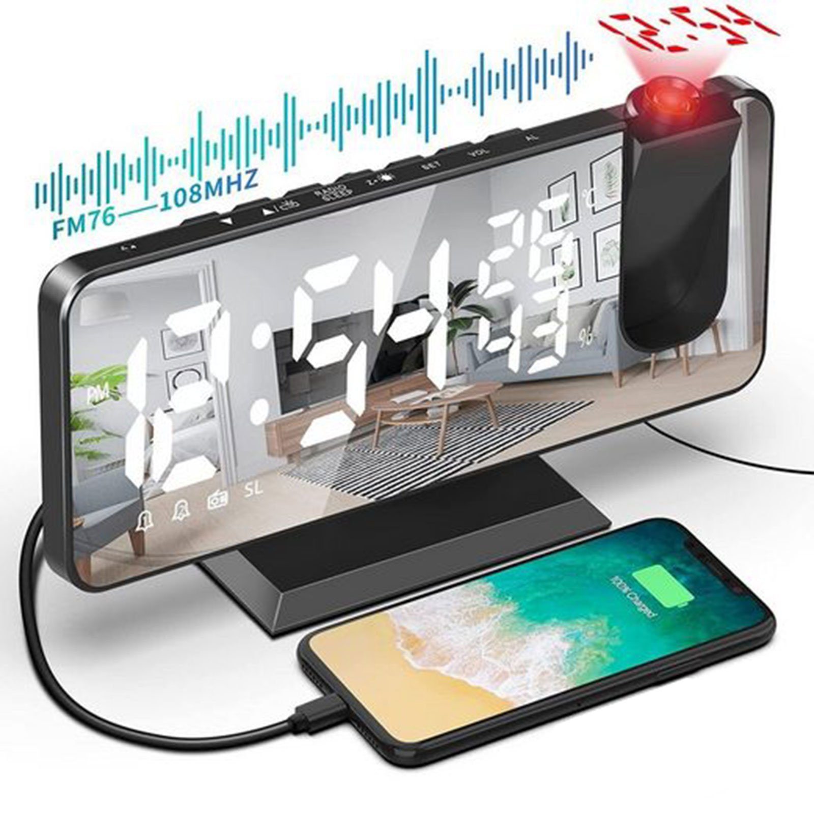 AIMAX Projektionswecker Radiowecker mit 180° Projektor,Projektionswecker Digitaluhr für Schlafzimmer 7.5" LED-Anzeige,USB/Type-C-Anschluss