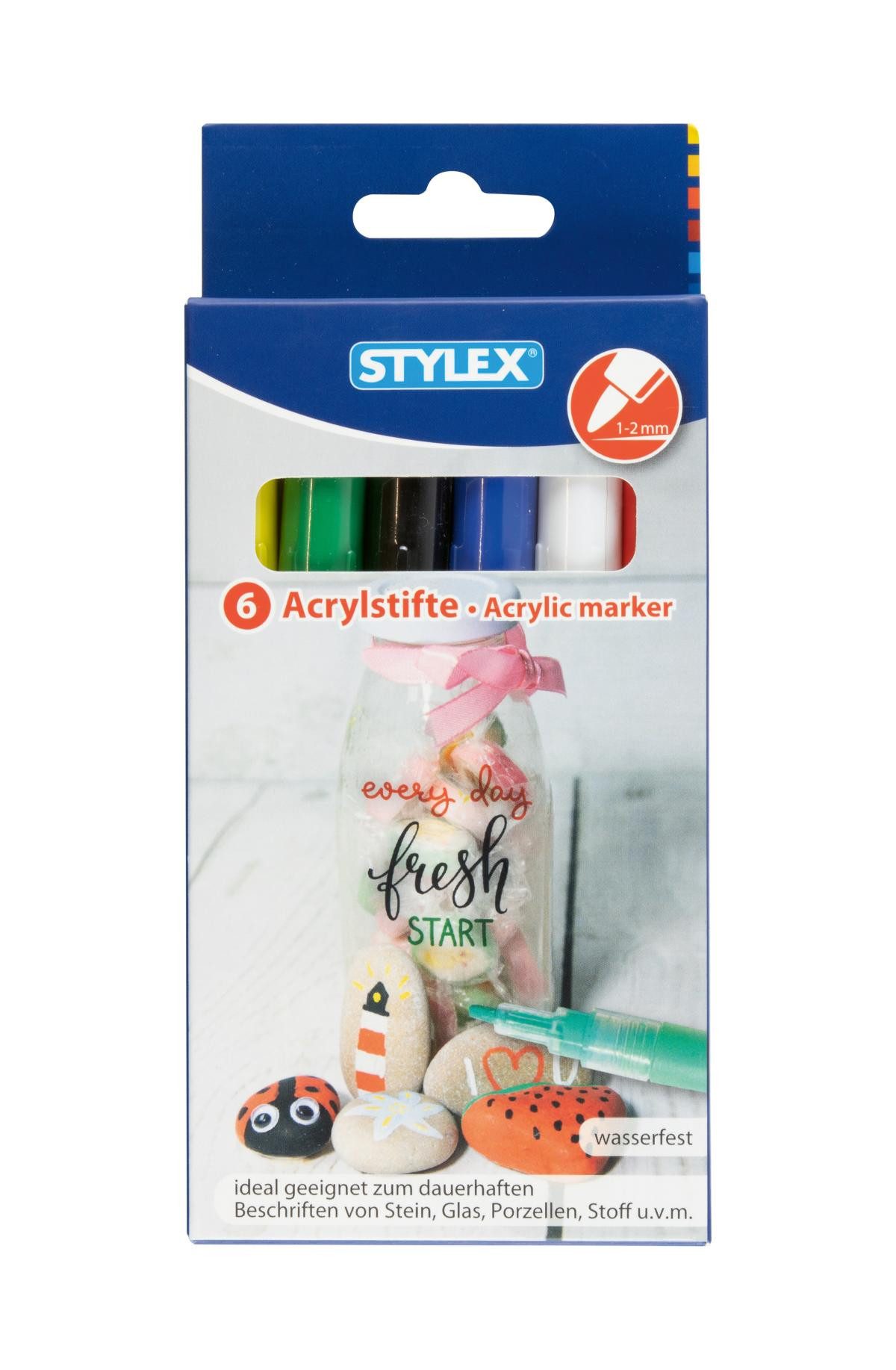 Stylex Schreibwaren Permanentmarker 6 Acrylstifte / Farbe: gelb, rot, blau, grün, schwarz, weiß
