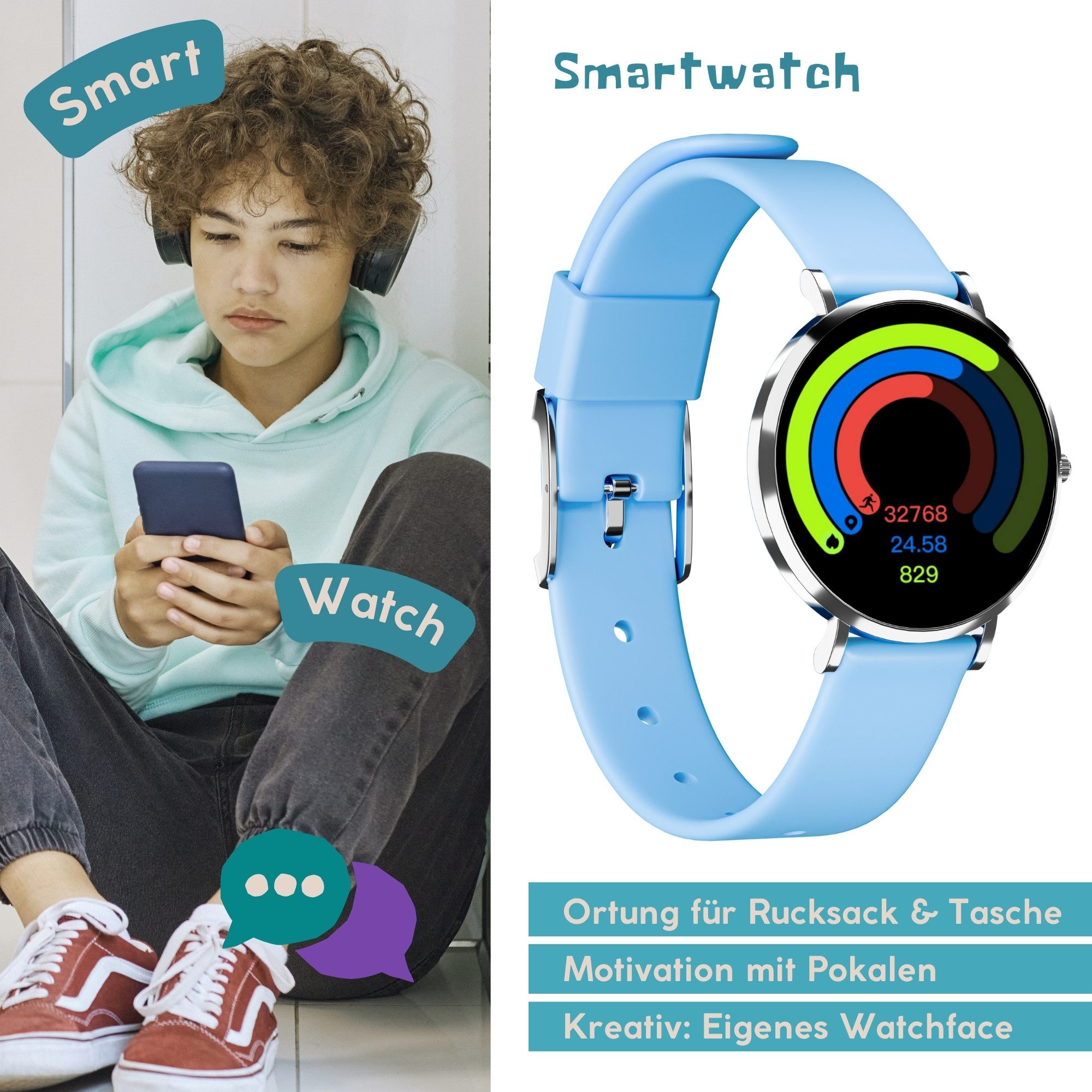XCOAST Lino-Time in Blau, extra kleine, praktische Kinder Smartwatch (3,7 cm) Set, nur 6,9mm hoch, 6 Tage Akku Laufzeit, Spiele, >100 Sportarten, SOS NOTRUF, 6 Tage Akku, IP68 wasserdicht, Edelstahl, flach