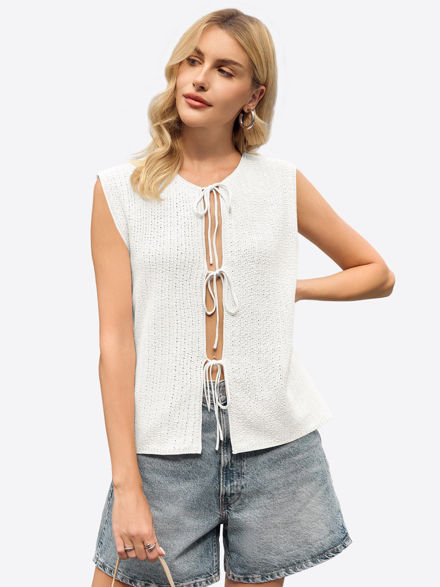 Imily Bela Strickweste Damen Ärmellos mit Bindebändern für Sommer Strandlook (Packung, 1-tlg., 1per-Pack) gehäkelt in Unifarbe