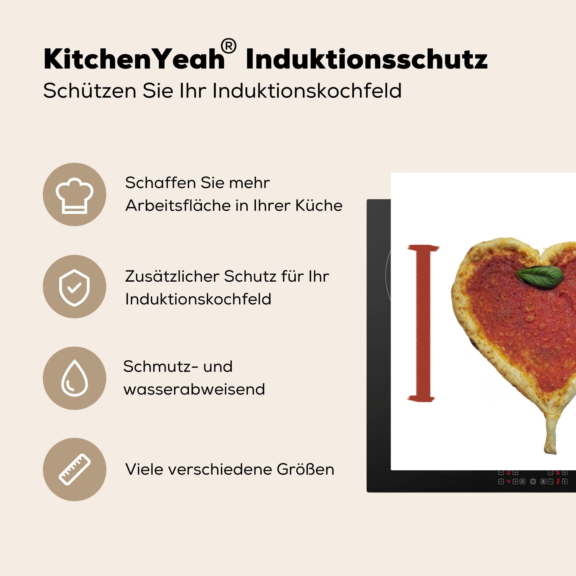 roten in (1 81x52 und die Herzform, Induktionskochfeld Schutz Buchstaben Ich Herdblende-/Abdeckplatte MuchoWow tlg), Pizza liebe eine cm, für Ceranfeldabdeckung in Vinyl, dich küche,