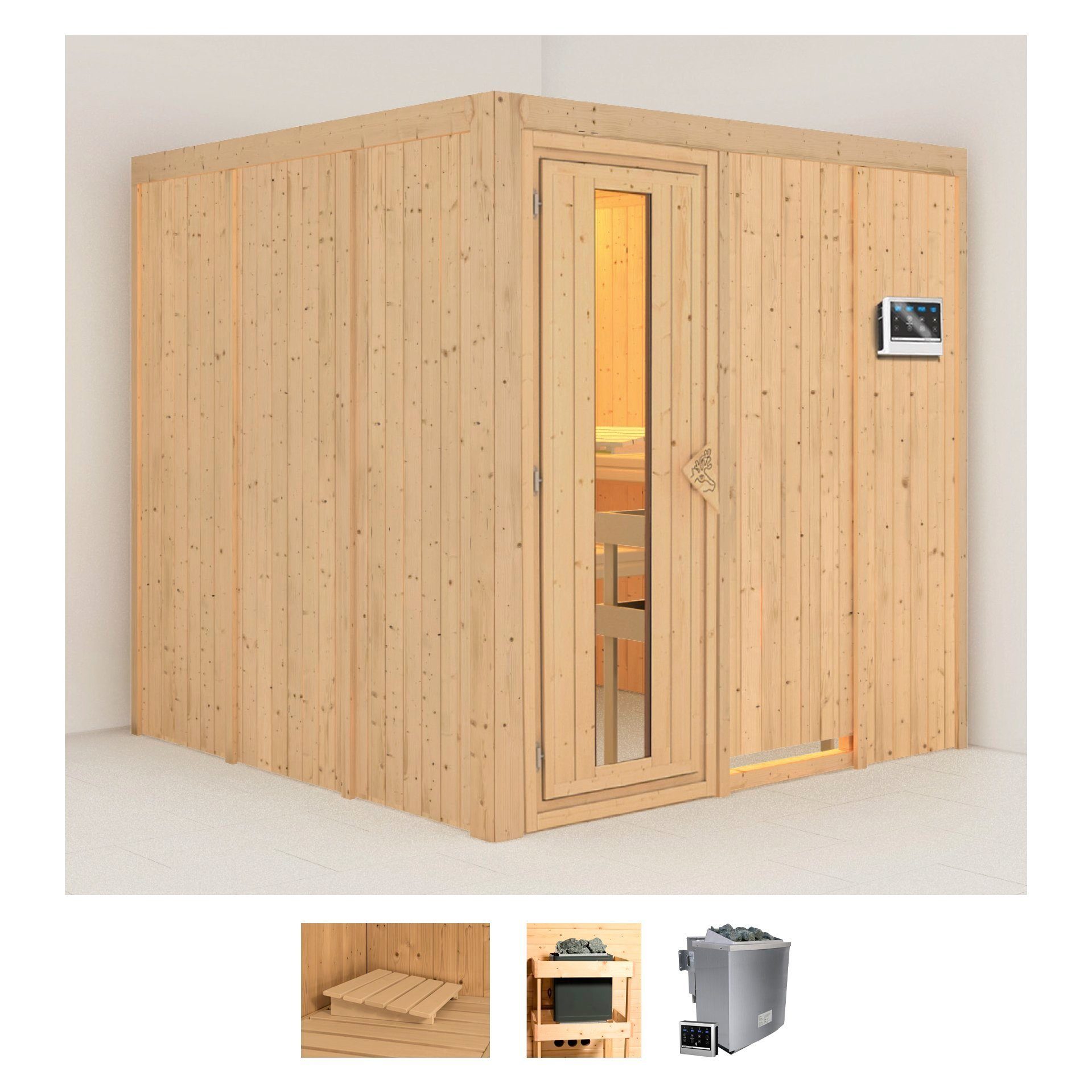 Karibu Sauna Rodin, BxTxH: 196 x 196 x 198 cm, 68 mm, (Set) Ofen 9 kW Bio externe Strg easy