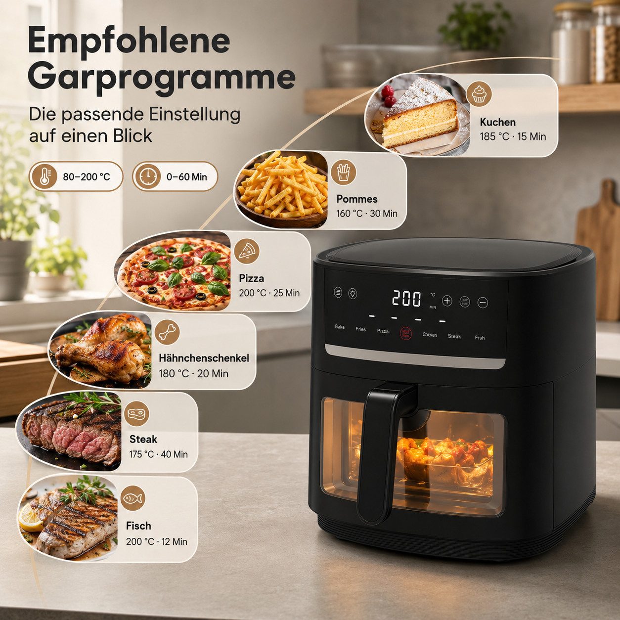 AIMAX Heißluftfritteuse 9L Airfryer xxl, Heissluftfritteuse mit Sichtfenster & Shake-Reminder, 1800 W, Display, 9L, Einstellbare Zeit-/Temperatursteuerung, Sichtfenster