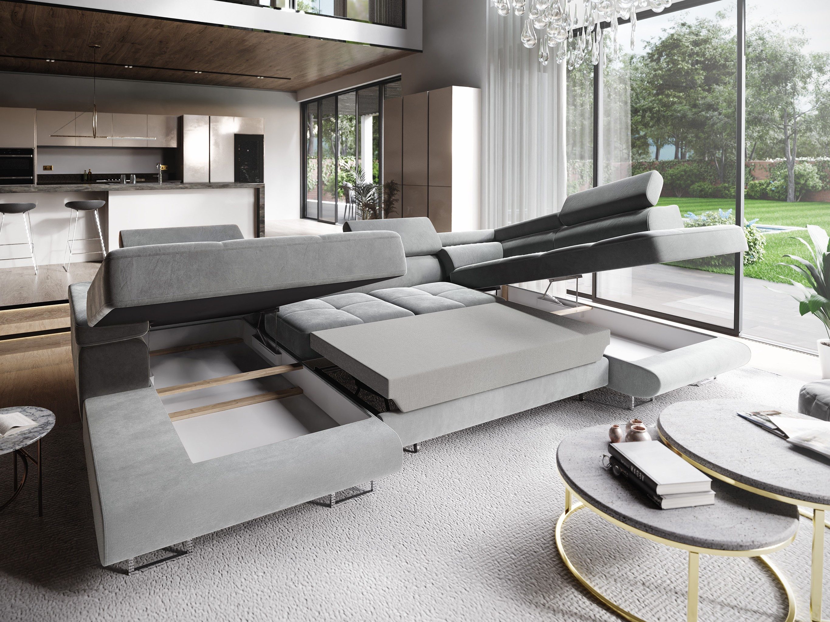 Masseno Ecksofa CASONE mit Schlaffunktion U-Form, Sofa mit Bettkasten