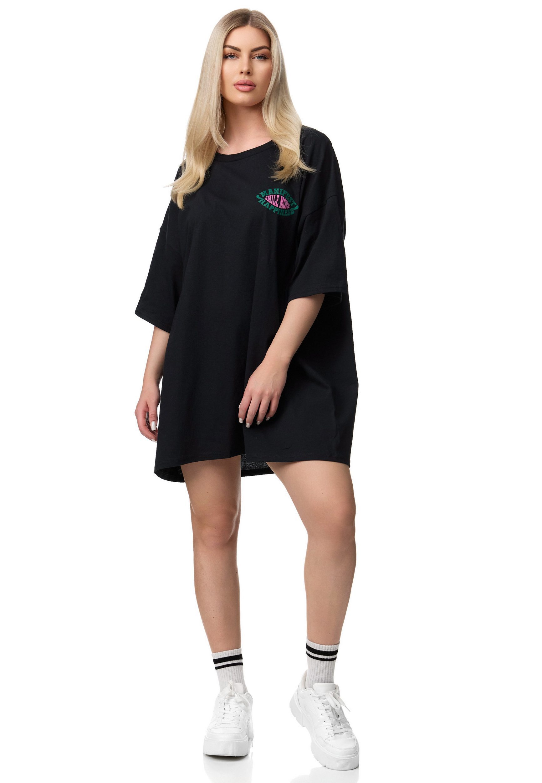 Worldclassca T-Shirt Worldclassca Oversized "Happiness" Print T-Shirt Lang Oberteil Shirt Neue Kollektion - Stilvolle und gemütliche Streetwear Mode