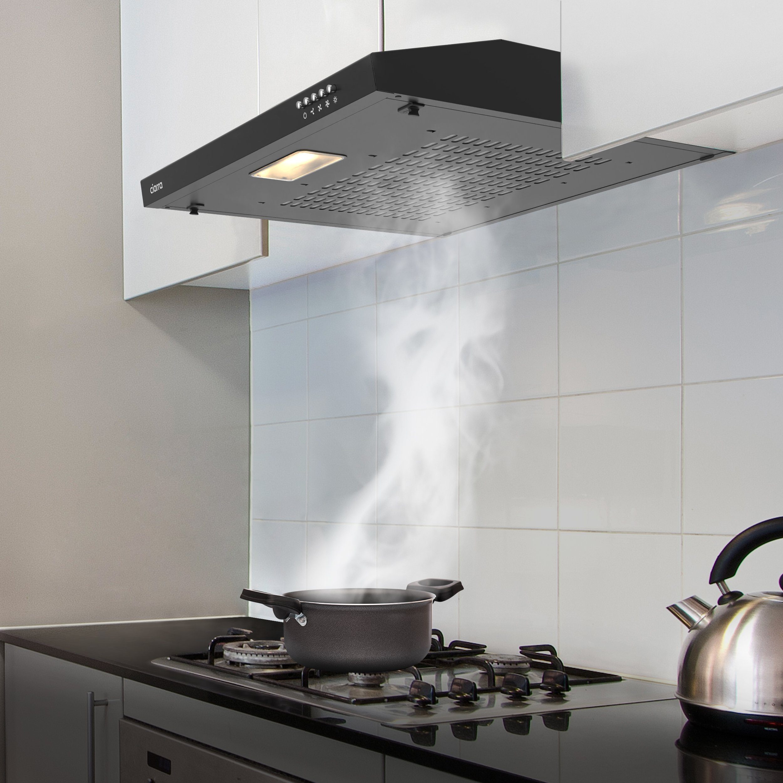 CIARRA Unterbauhaube 60 cm Dunstabzugshaube Abluft & Umluft 3 Stufen LED CBCB6903 für kleine Küchen, Metall Fettilter & Aktivkohlefiltermatte Schwarz – Bild 2 von 5