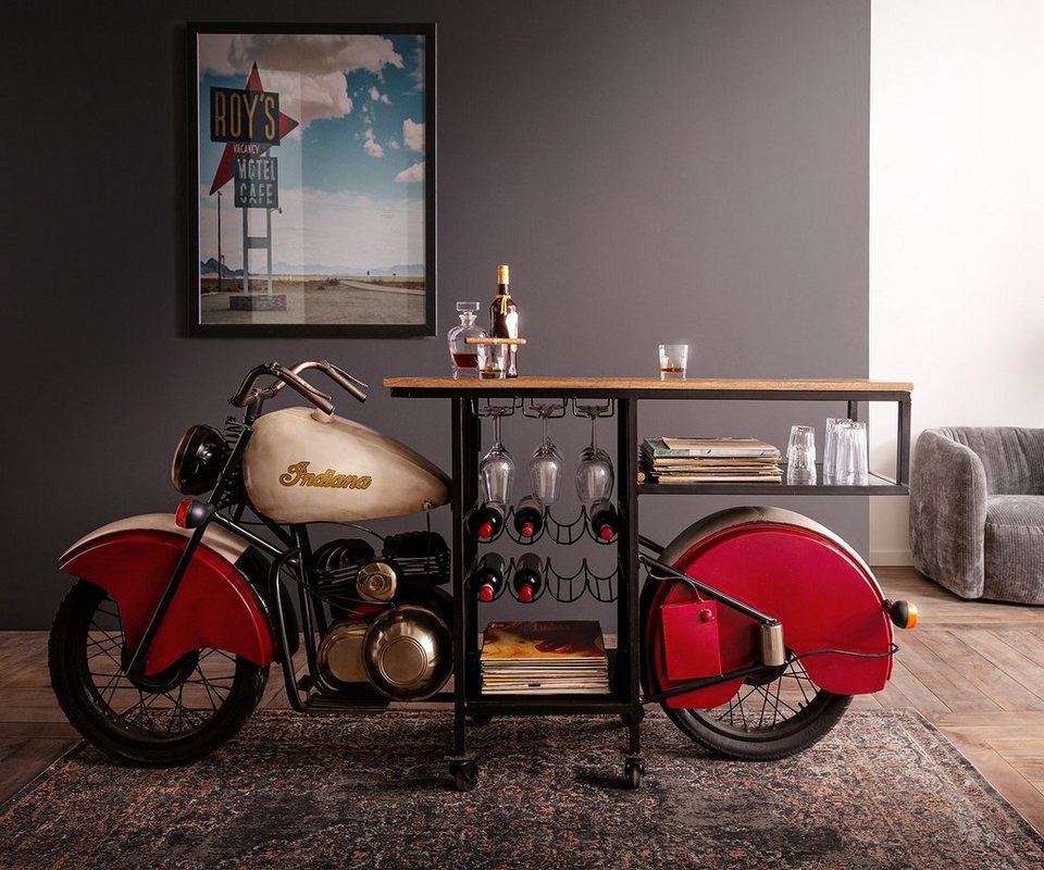 DELIFE Bartisch Motorrad, Mangoholz und Metall Rot 220x100 cm Bar