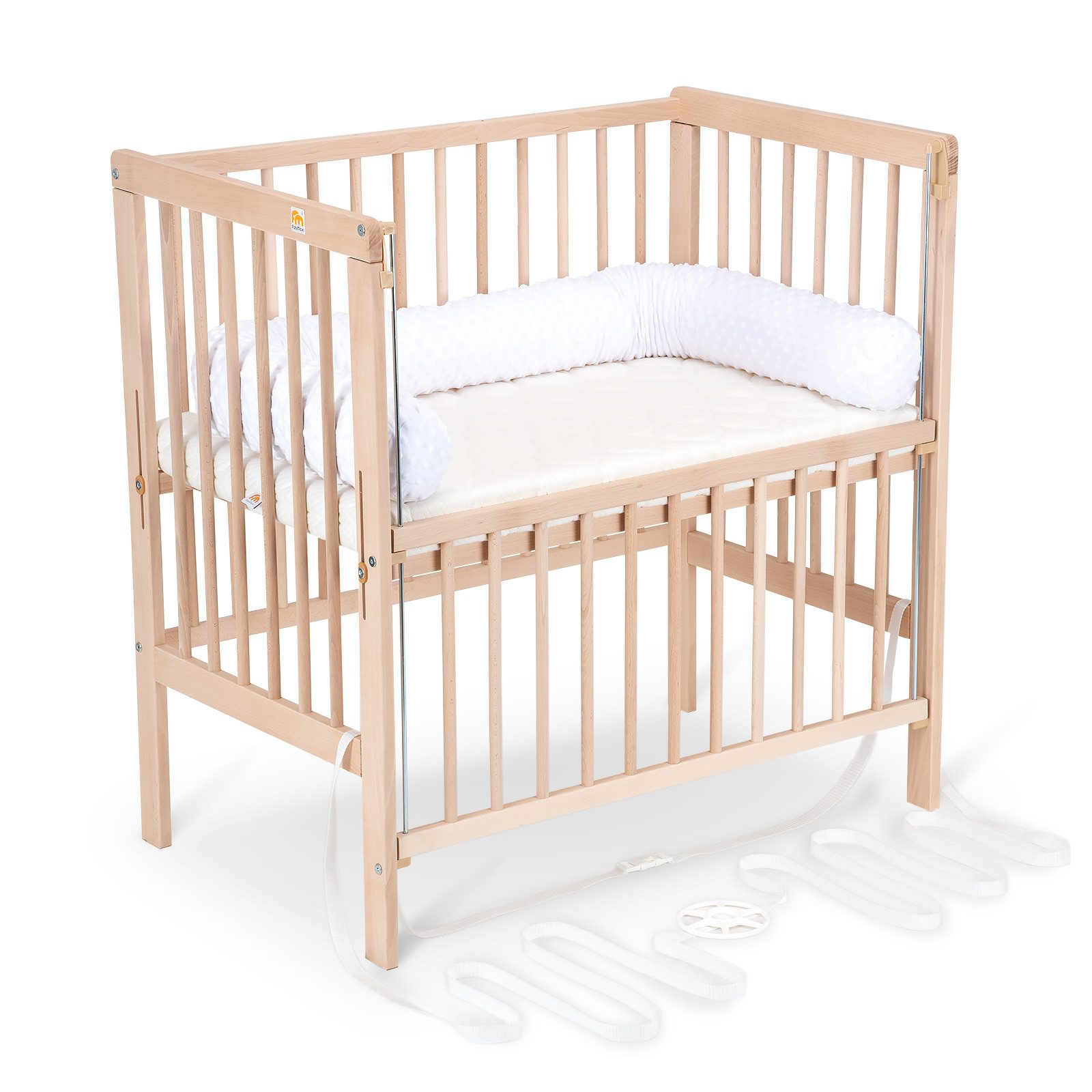 FabiMax Beistellbett Flex Natur, Buche massiv, 90 x 55 cm Liegefläche, 2in1, Beistellbett und Stubenbettchen in Einem, innovatives Seitenteil