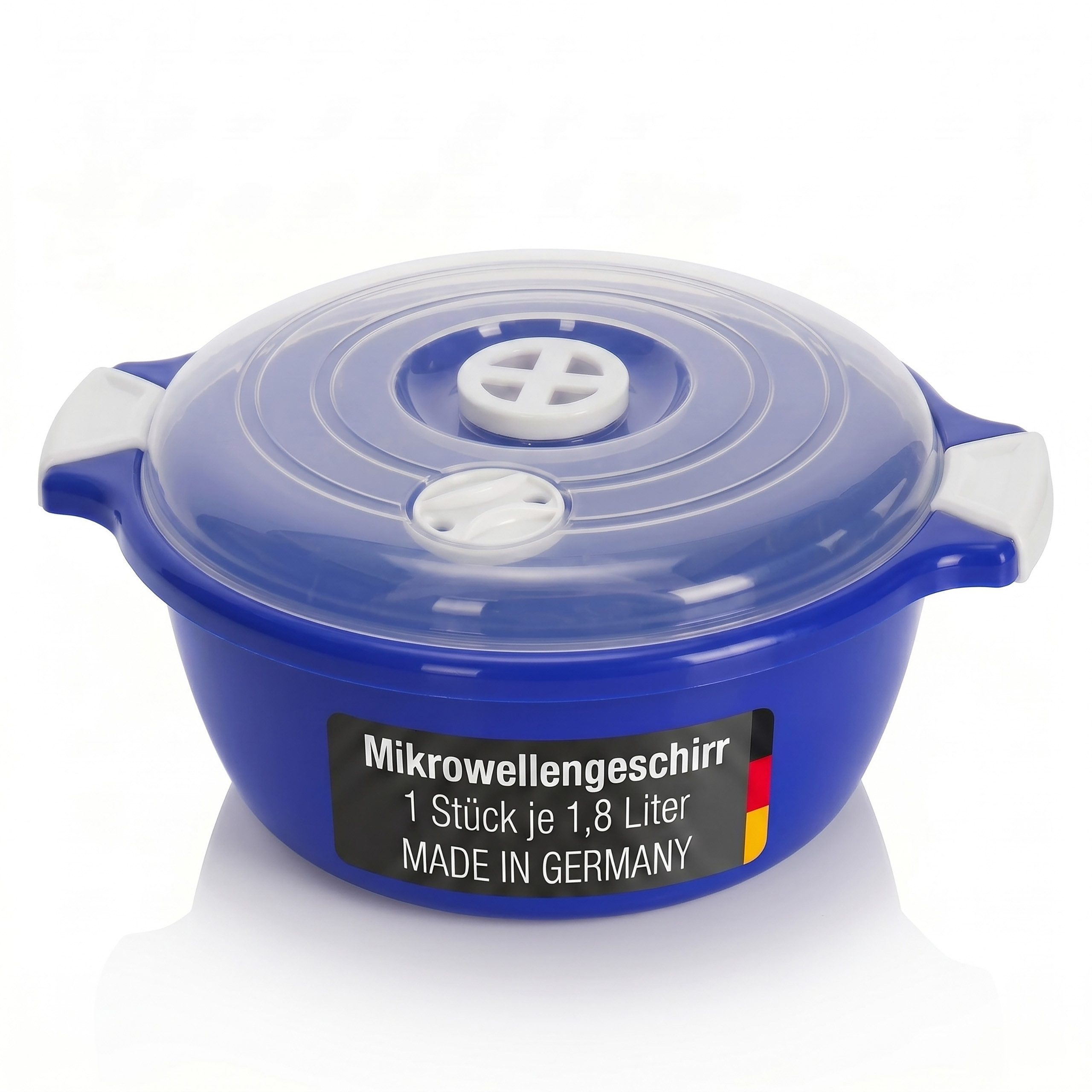 Lantelme Mikrowellenbehälter Mikrowellenschüssel 1,8 Liter blau stapelbar, Kunststoff, (1-tlg., Für Mikrowelle, Gefrier- und Kühlschrank, Picknick), Schüssel Dampfventil, Spülmaschinengeeignet, Deutsche Herstellung