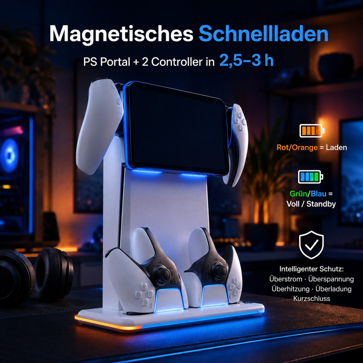Luckice PlayStation Portal Ladegerät mit Headset- und Fernbedienungshalter Nintendo-Controller (Spar-Set, 1 St., PS5 Controller-Ladestation mit 3 USB-Hubs & RGB – Bild 4 von 5