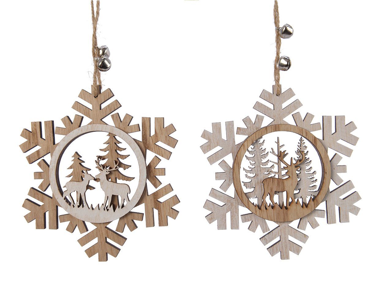 Kaemingk Christbaumschmuck, Christbaumschmuck Holz Schneeflocken mit Hirsch 12cm 1 Stück sortiert