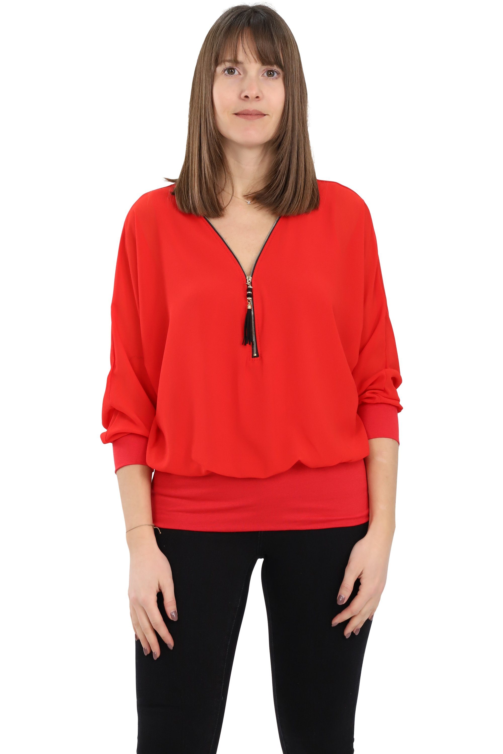 malito more than fashion Chiffonbluse malito Damen Bluse im Fledermaus Look, Tunika mit Zipper, kurzarm Bluse mit Fledermausärmeln Einheitsgröße