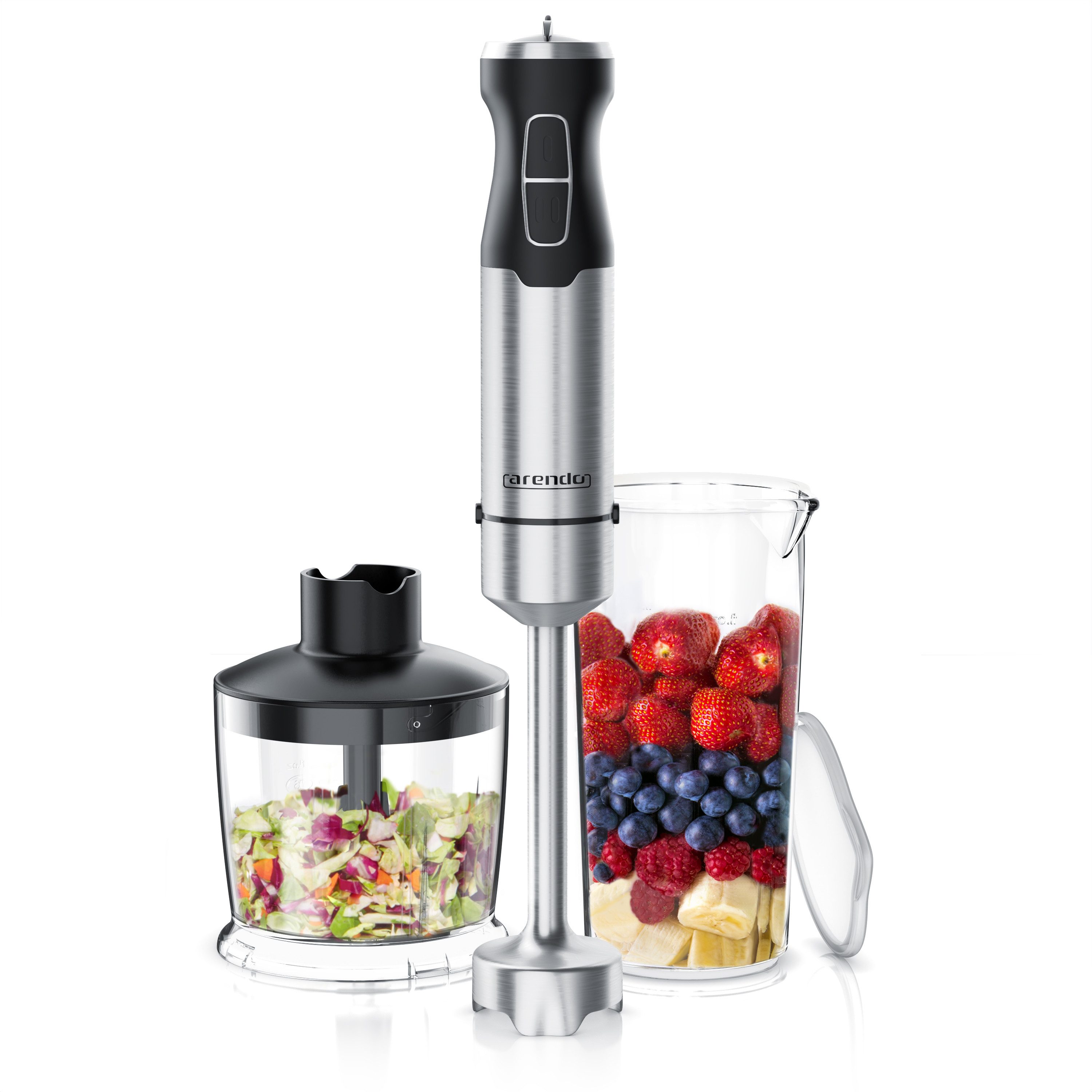 Arendo Stabmixer Edelstahl Pürierstab Set mit Zerkleinerer und Messbecher, Handmixer, 1000 W, 2 Geschwindigkeitsstufen, 4-Klingen, einfache …