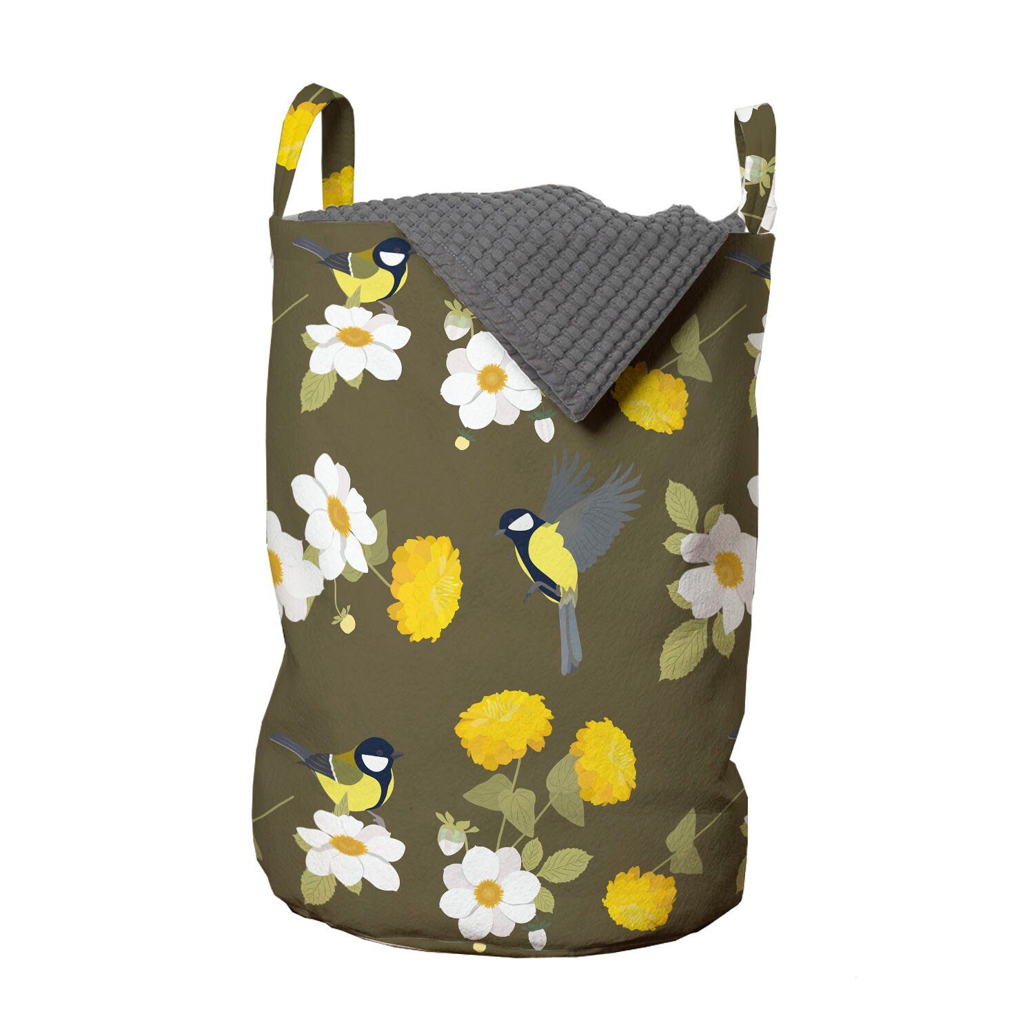 Abakuhaus Wäschesäckchen Wäschekorb mit Griffen Kordelzugverschluss für Waschsalons, Gelber Vogel Blumen und Avian