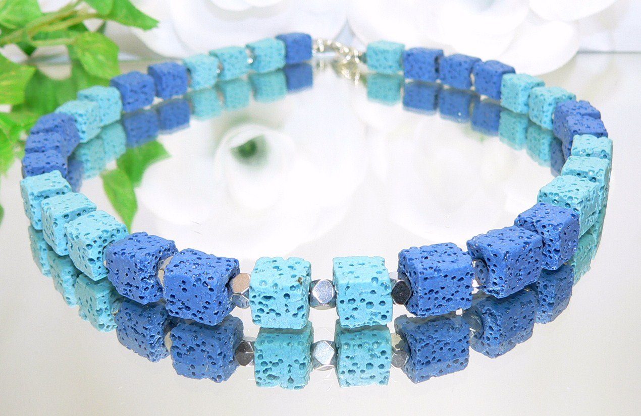 traumschmuck Collier 457m Halskette Würfelkette Lava blau hellblau dunkelblau (incl. Schmuckbox), handgefertigt, Made in Germany