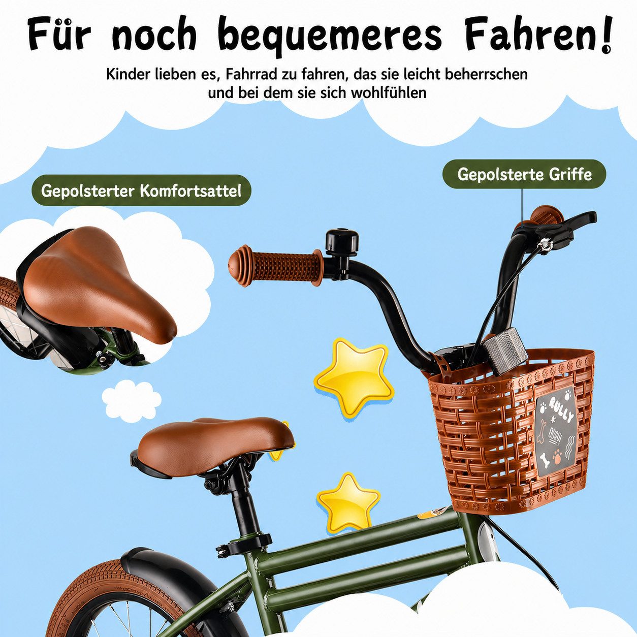 RULLY Kinderfahrrad Kinderfahrrad für Jungen 12/14/16 Zoll, 2–7 Jahre, 1 Gang, Mit Korb, Stützrädern, Schutzblechen & Klingel