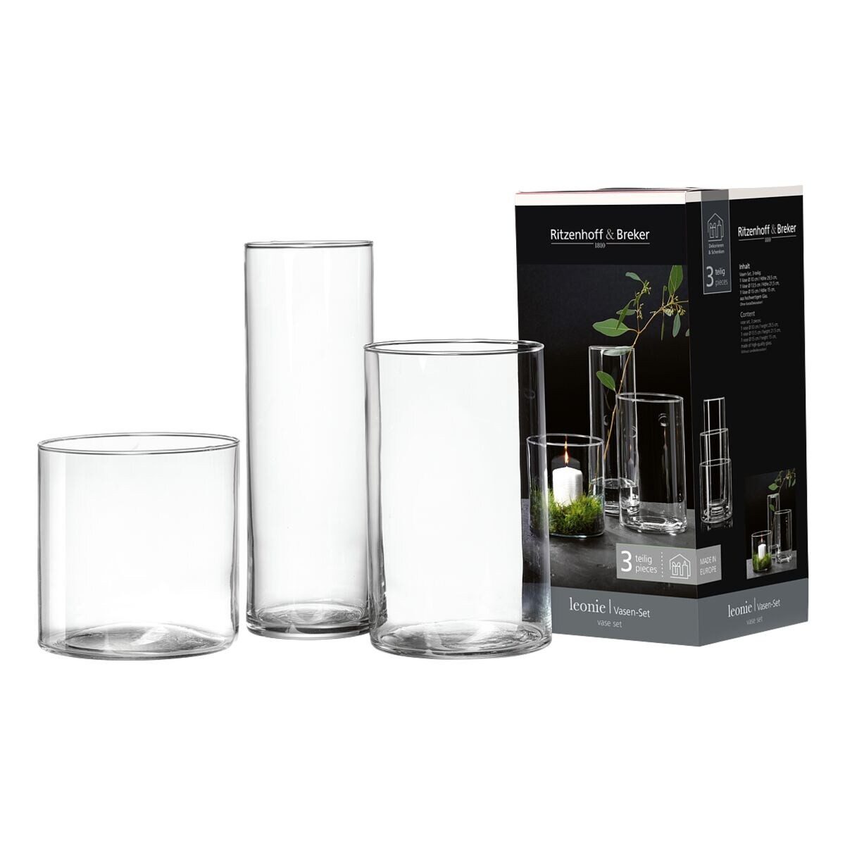 Ritzenhoff & Breker Tischvase Leonie (3 St), 3 Größen, Glas (spülmaschinengeeignet)
